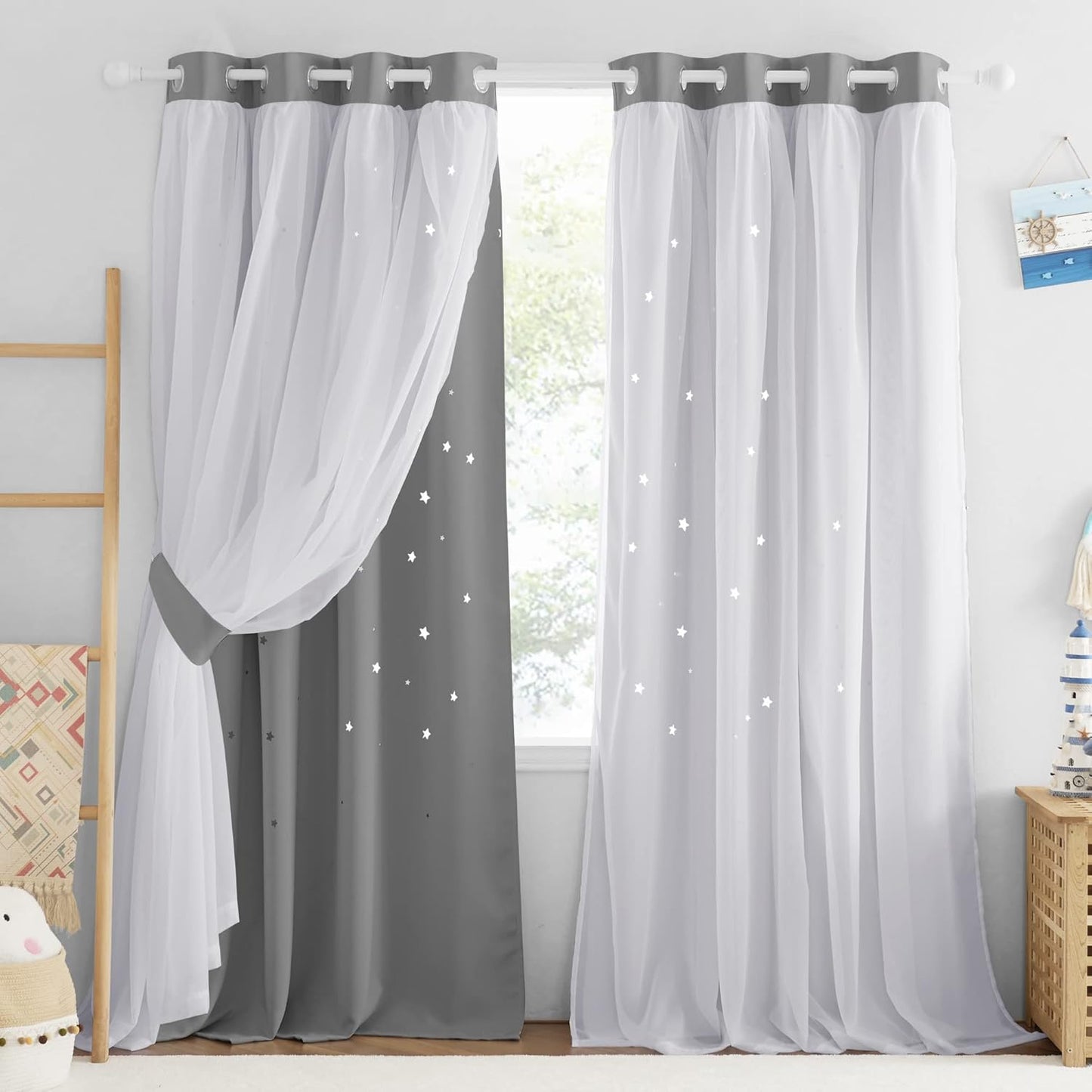 NICETOWN Rainbow Star Curtains for Girls Bedroom, Double Layer Colorful Stripes Kids Blackout Curtains Plus White Sheer Livingroom Window Curtains for School Classroom (Rainbow, W52 x L84, Sold by 2)