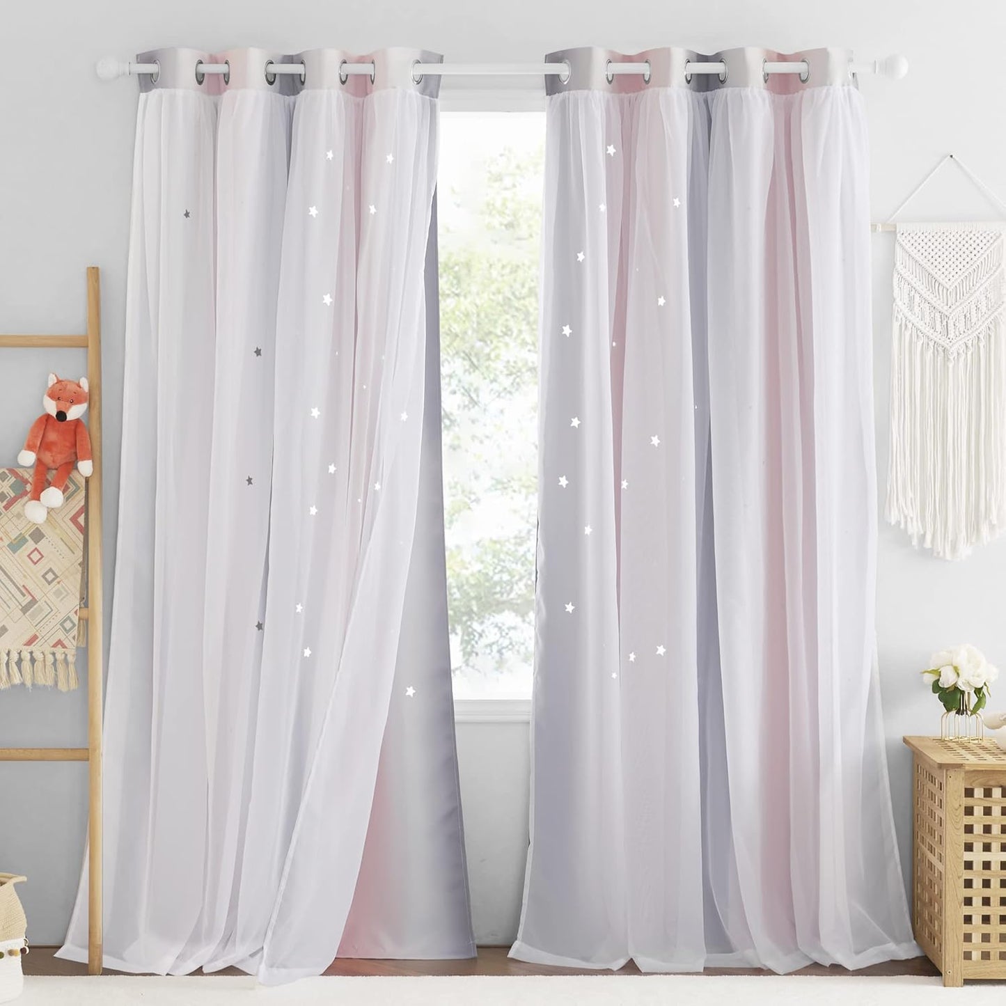 NICETOWN Rainbow Star Curtains for Girls Bedroom, Double Layer Colorful Stripes Kids Blackout Curtains Plus White Sheer Livingroom Window Curtains for School Classroom (Rainbow, W52 x L84, Sold by 2)