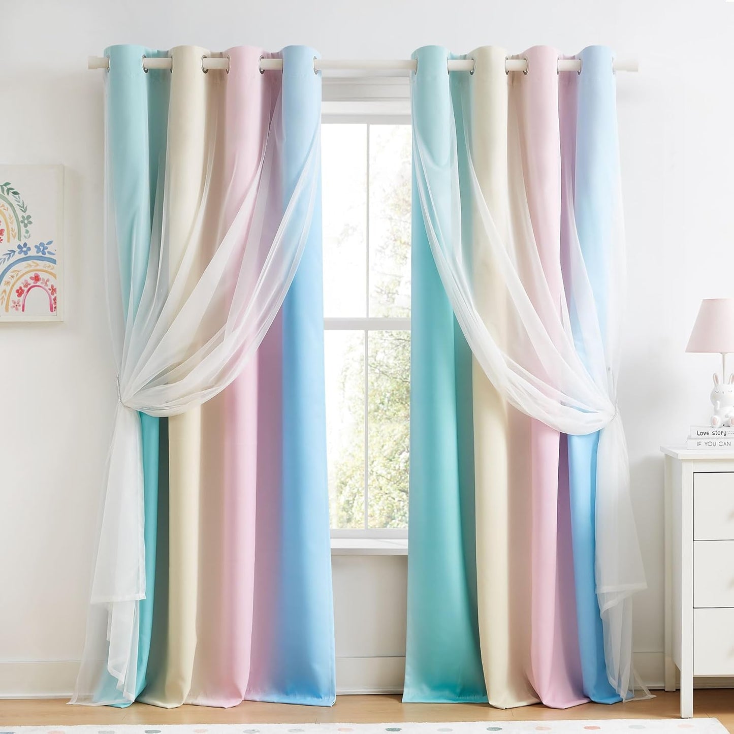 100% Blackout Curtains with Sheer Overlay Mix and Match Double Layer Drapes 84 Inch Long 2 Panels for Room Bedroom Ombre Rainbow Grommet Window Treatment with Tiebacks