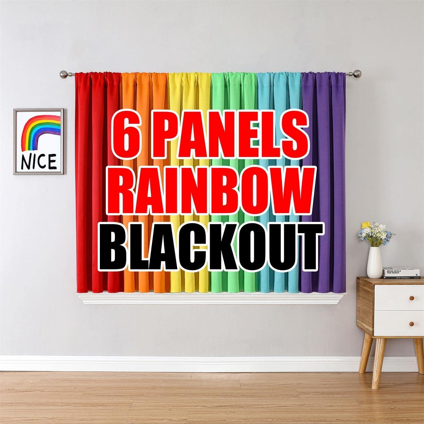 THOOO 6 Panel Blackout Rainbow Curtains for Bedroom & Living Room - 84 Inch Long, Darkening Rod Pocket Curtains with Colorful Drapes in Red, Orange, Yellow, Green, Blue, Purple