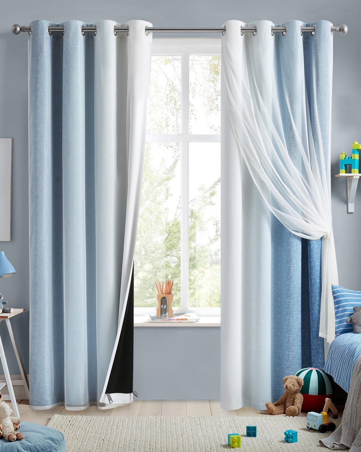 100% Blackout Curtains with Sheer Overlay Mix and Match Double Layer Drapes 84 Inch Long 2 Panels for Room Bedroom Ombre Rainbow Grommet Window Treatment with Tiebacks