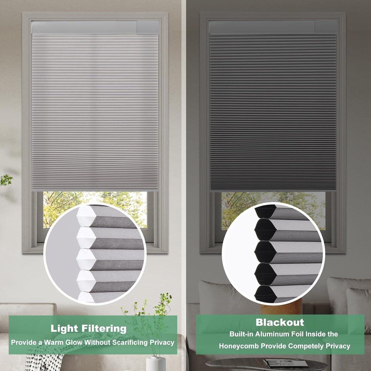 No Drill Cellular Shades for Indoor Windows, Thermal Insulating & Noise Reducing Honeycomb Blinds, Free Stop Cordless Blackout Shades, Grey, 22" W x 64" H