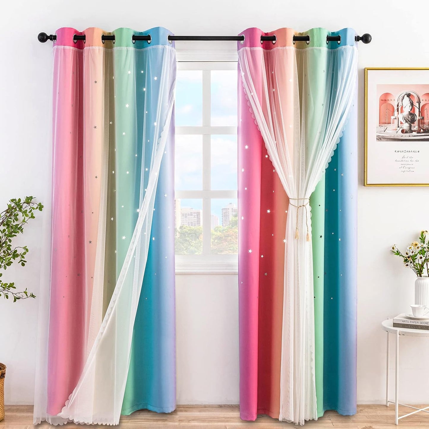 Stiio Kids Blackout Curtains 2 Panels, Star Cutout Ombre Stripe Rainbow Curtains Light Blocking Window Treatment for Girls Bedroom Home Decor, W52 x L63 inches