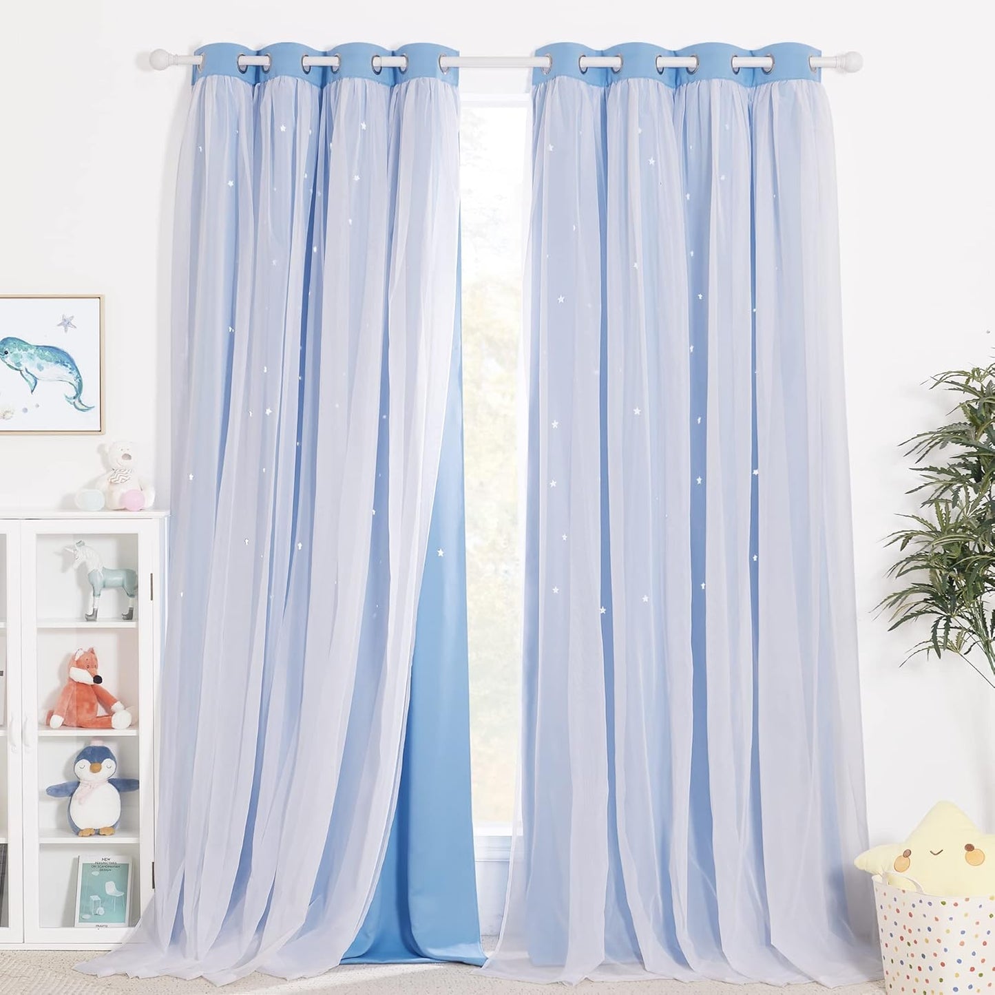 NICETOWN Rainbow Star Curtains for Girls Bedroom, Double Layer Colorful Stripes Kids Blackout Curtains Plus White Sheer Livingroom Window Curtains for School Classroom (Rainbow, W52 x L84, Sold by 2)