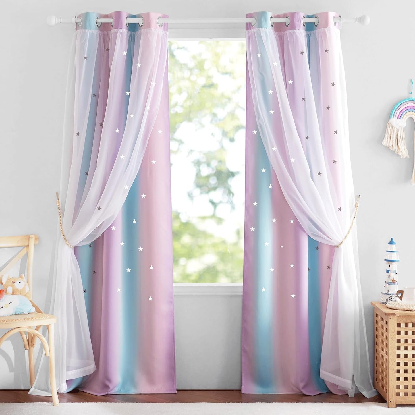 NICETOWN Rainbow Star Curtains for Girls Bedroom, Double Layer Colorful Stripes Kids Blackout Curtains Plus White Sheer Livingroom Window Curtains for School Classroom (Rainbow, W52 x L84, Sold by 2)