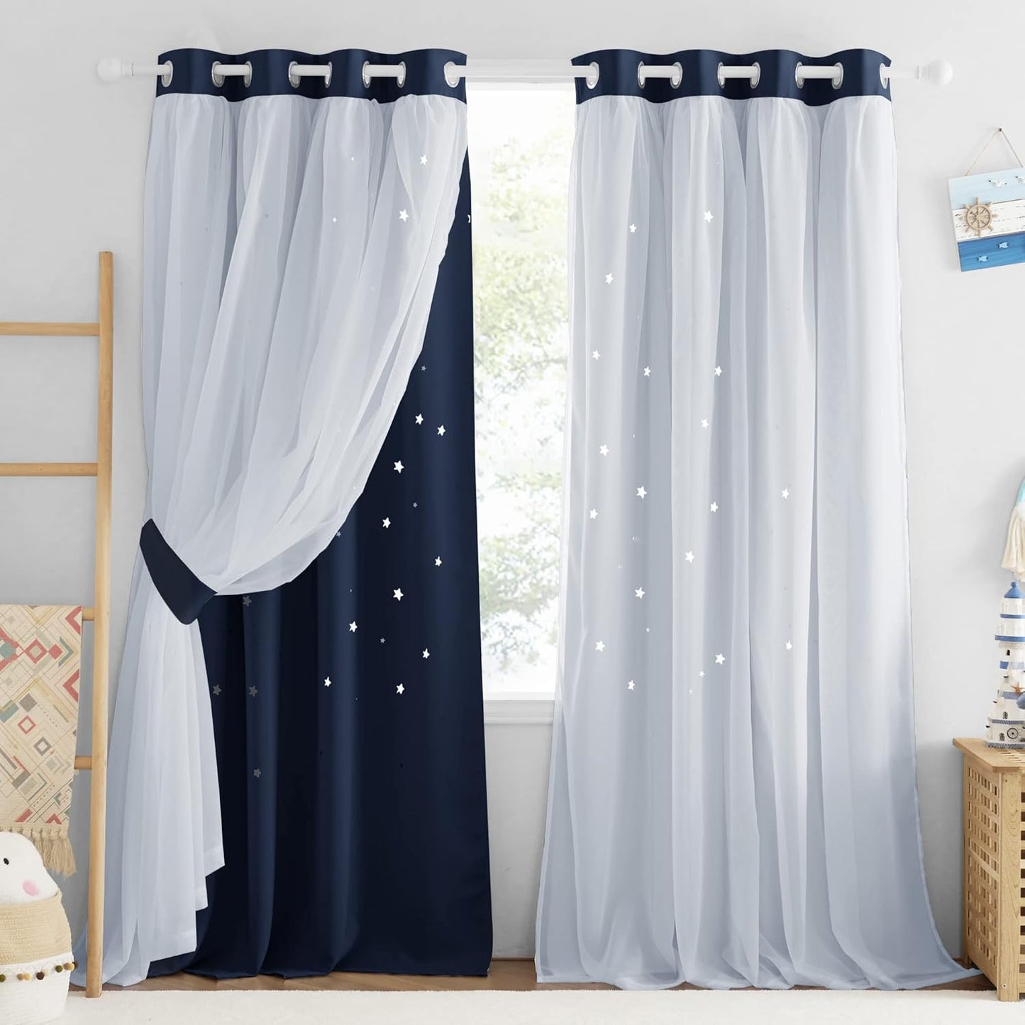 NICETOWN Rainbow Star Curtains for Girls Bedroom, Double Layer Colorful Stripes Kids Blackout Curtains Plus White Sheer Livingroom Window Curtains for School Classroom (Rainbow, W52 x L84, Sold by 2)