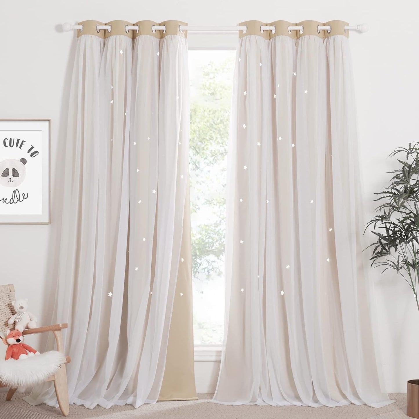 NICETOWN Rainbow Star Curtains for Girls Bedroom, Double Layer Colorful Stripes Kids Blackout Curtains Plus White Sheer Livingroom Window Curtains for School Classroom (Rainbow, W52 x L84, Sold by 2)