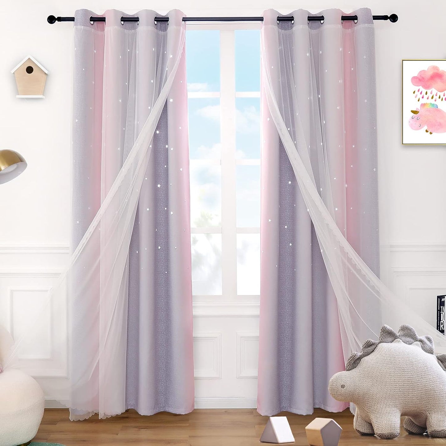 Anjee Star Curtains for Kids 2 in 1 Double Layer Blackout Curtains Grommets Top Star Cutout Rainbow Ombre Curtains with Sheer for Living Room Girls Bedroom 2 Panels 52 x 95 inch, Pink and Yellow