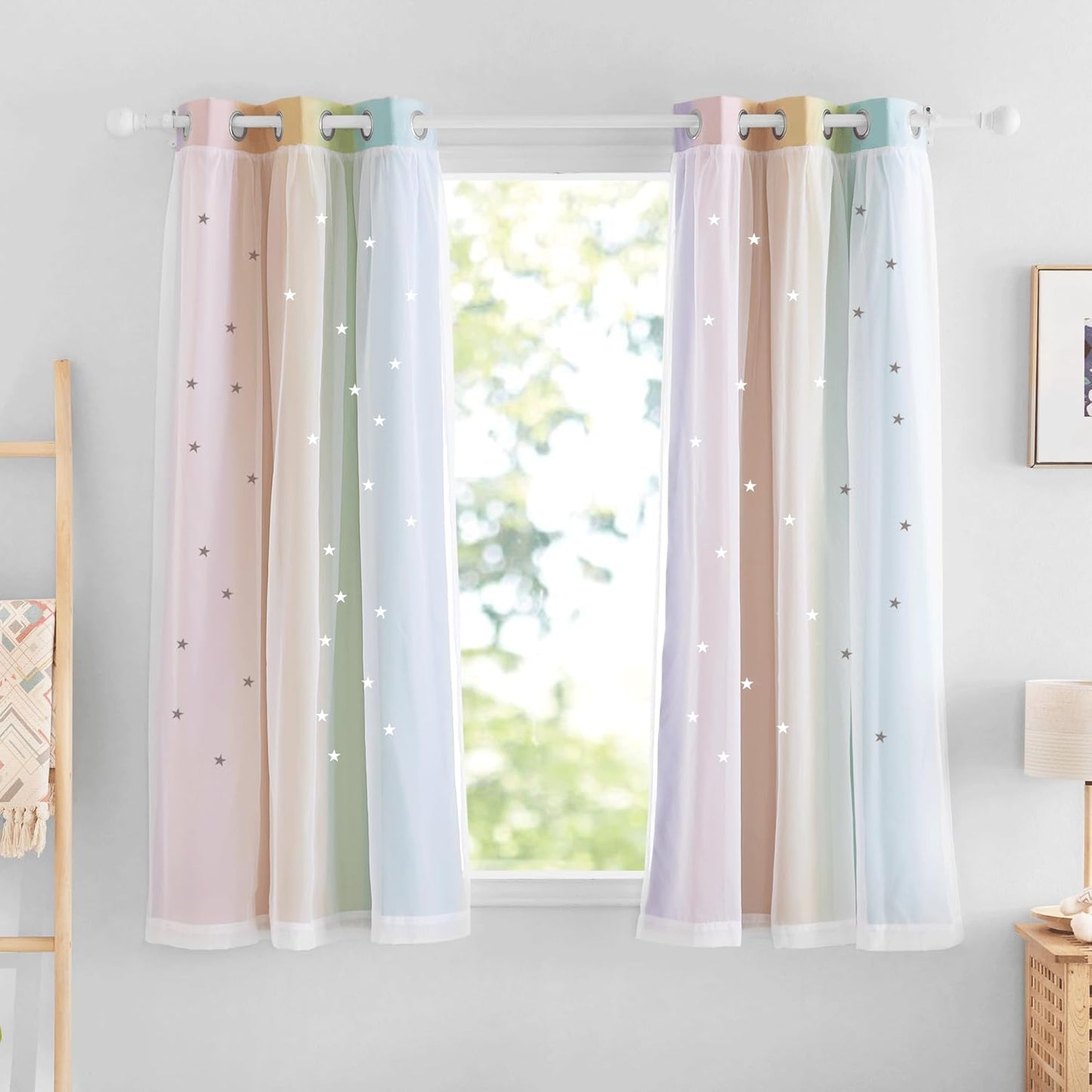 NICETOWN Rainbow Star Curtains for Girls Bedroom, Double Layer Colorful Stripes Kids Blackout Curtains Plus White Sheer Livingroom Window Curtains for School Classroom (Rainbow, W52 x L84, Sold by 2)