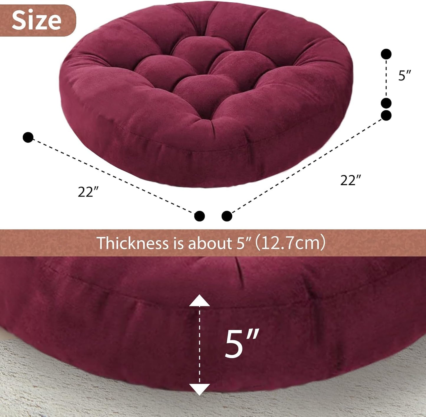 Meditation Floor Pillow Set of 2 Large Round Floor Cushions for Adults Tufted Corduroy Floor Seat Pillows Cushion for Living Room Tatami Yoga,Wine Red 22" L x 22" W x 5" H