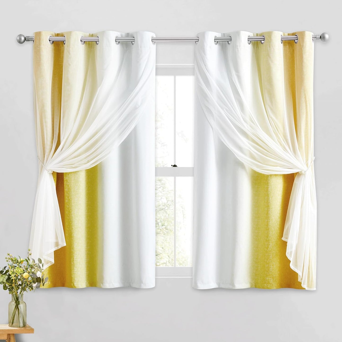 100% Blackout Curtains with Sheer Overlay Mix and Match Double Layer Drapes 84 Inch Long 2 Panels for Room Bedroom Ombre Rainbow Grommet Window Treatment with Tiebacks