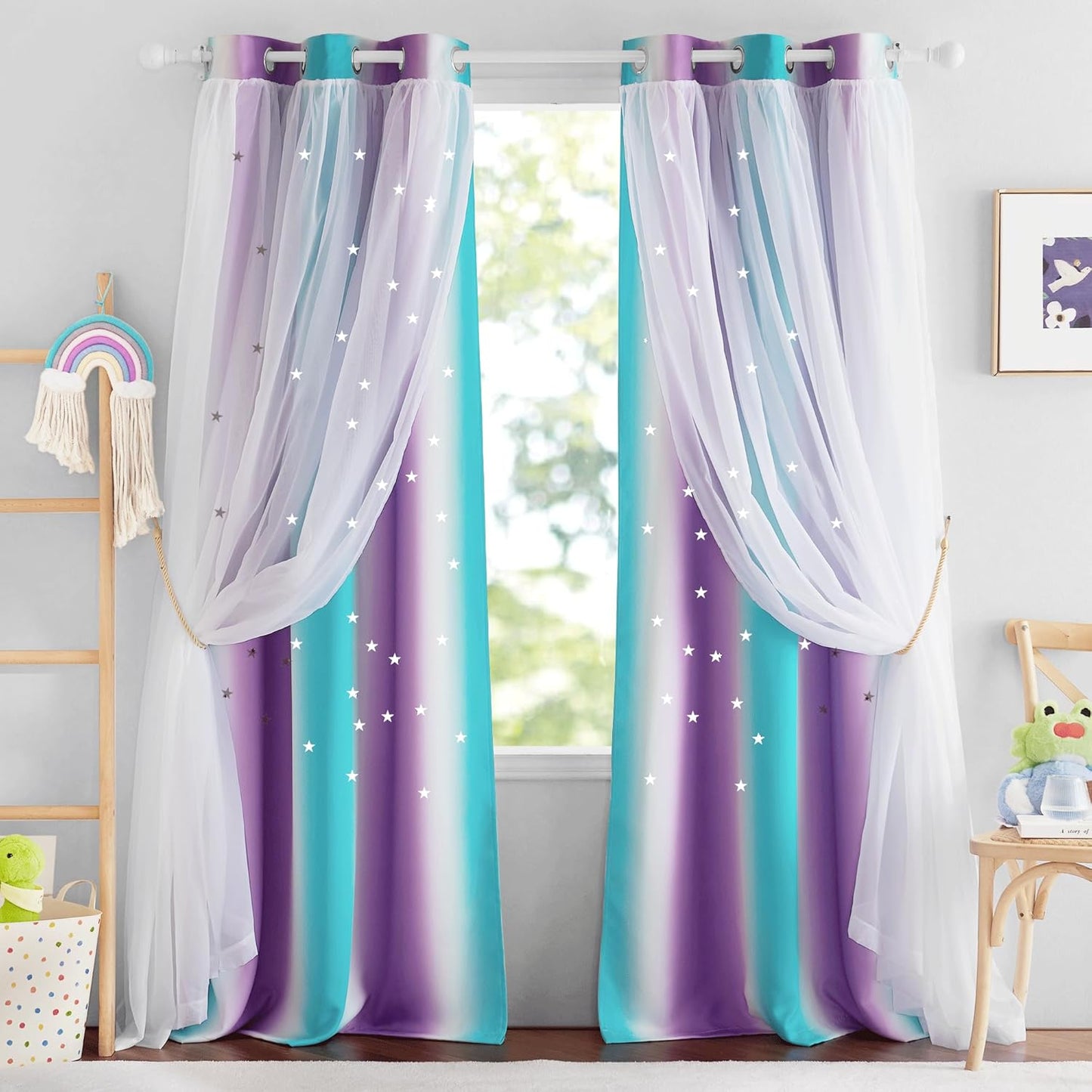 NICETOWN Rainbow Star Curtains for Girls Bedroom, Double Layer Colorful Stripes Kids Blackout Curtains Plus White Sheer Livingroom Window Curtains for School Classroom (Rainbow, W52 x L84, Sold by 2)