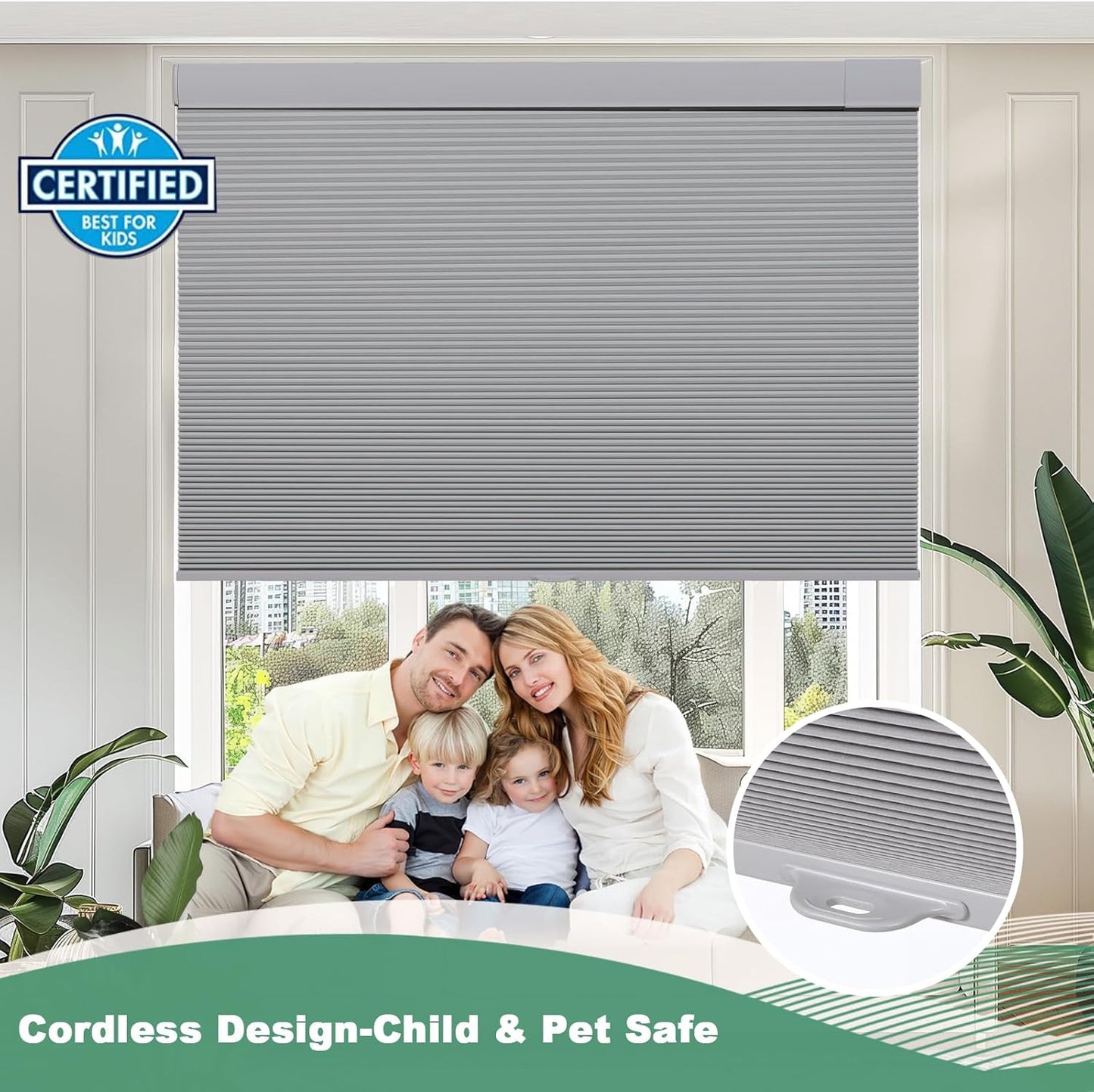 No Drill Cellular Shades for Indoor Windows, Thermal Insulating & Noise Reducing Honeycomb Blinds, Free Stop Cordless Blackout Shades, Grey, 22" W x 64" H