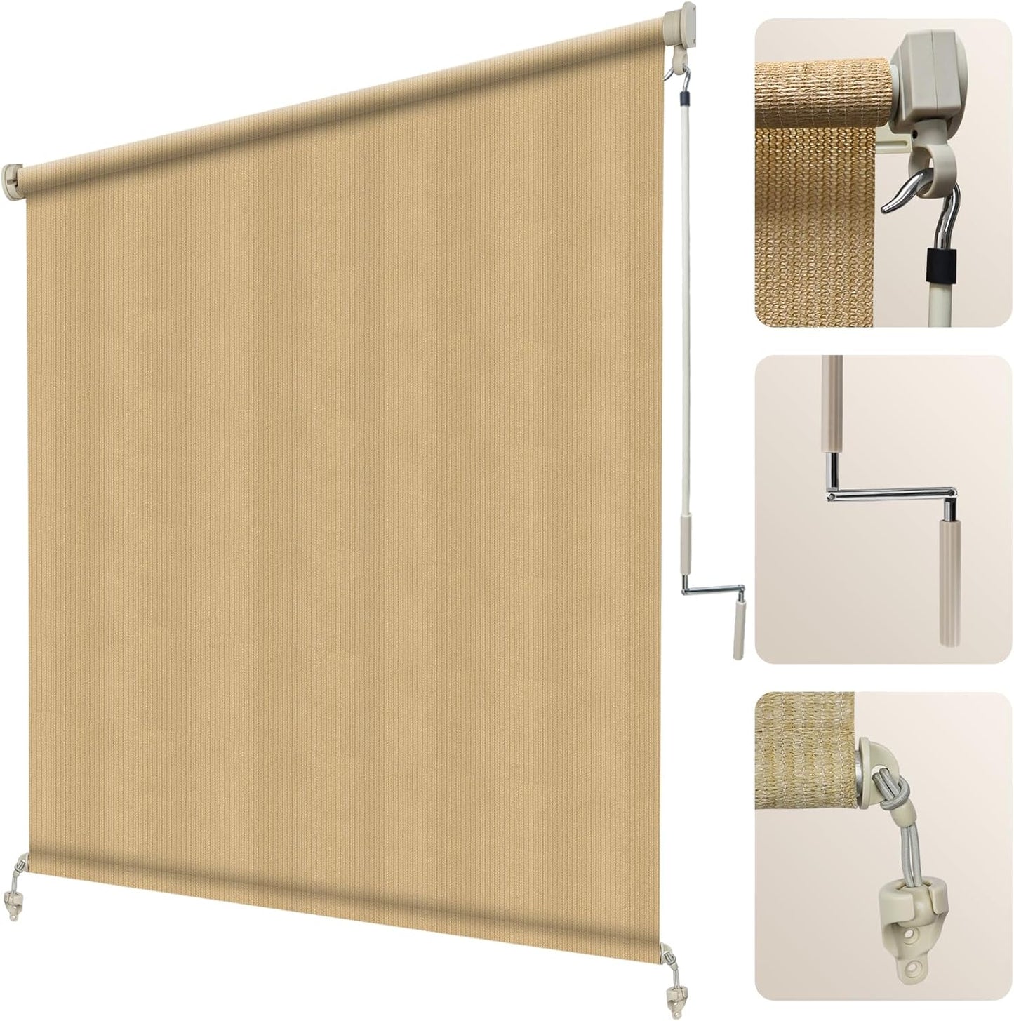 Artpuch Outdoor Roller Shade 8' W x 8' H, Mocha Exterior Cordless Patio Shades Roll Up Blinds with Spliced Pole Design, (2 Poles, One-Piece Fabric)