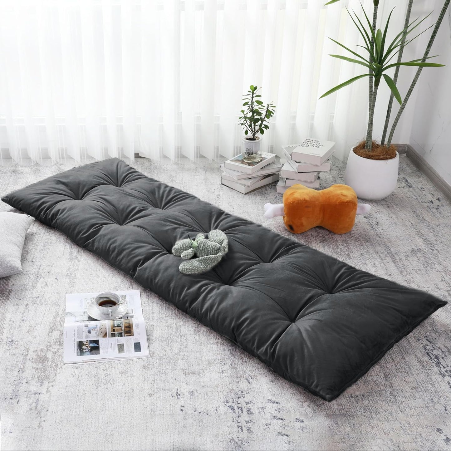 BALAPET Floor Lounger Pillow,Foldable Light Thick Tufted Floor Pillow Cushion with Elasticized Webbing for Easy Storage.Floor Lounger for Meditation,Playing,Yoga,Reading,Sleeping(Beige White)