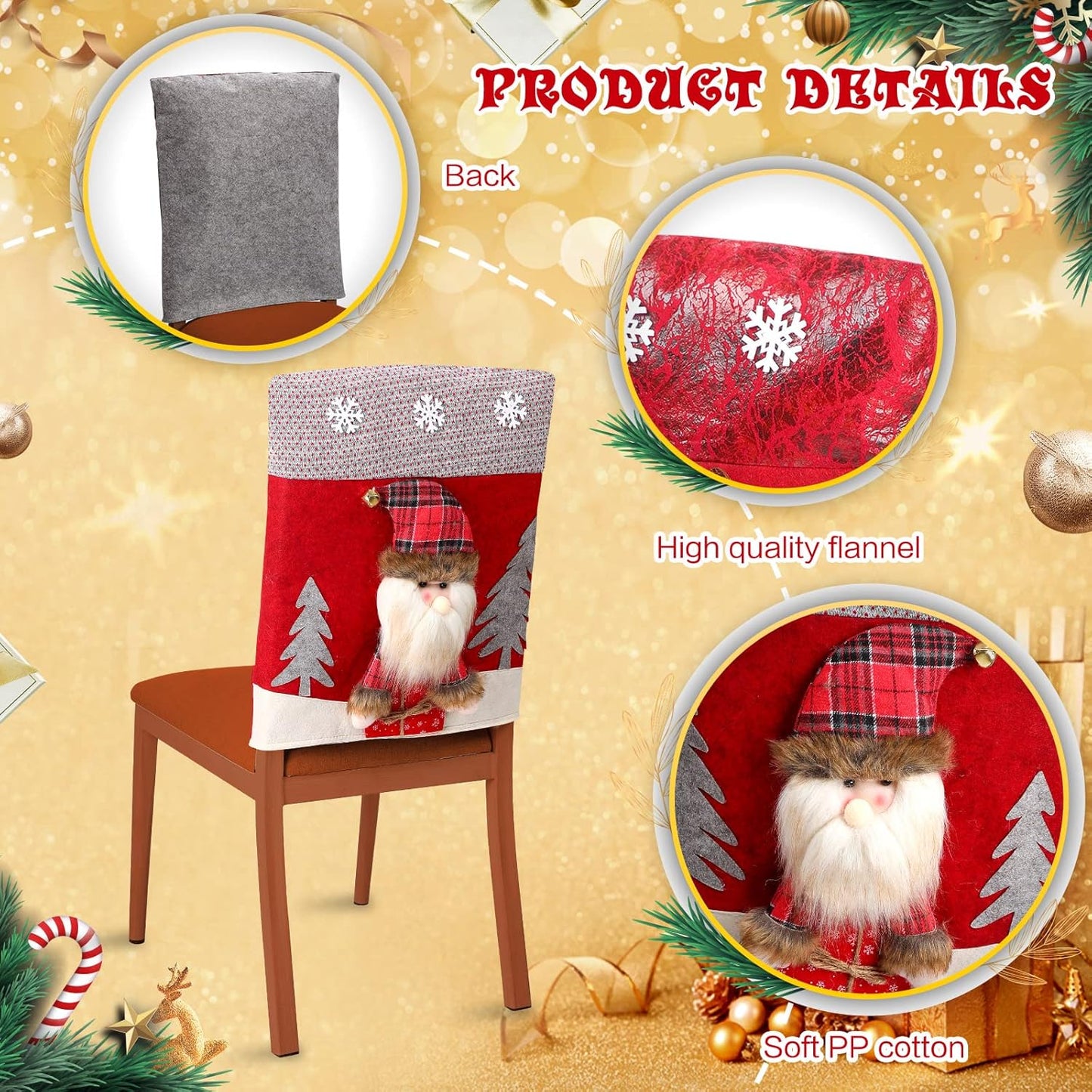 Christmas Chair Back Covers Dining Table Chair Slipcovers Christmas Plush Stuffed Santa Claus Snowman Reindeer Chair Covers Set for Holiday Decor, Christmas Party Banquet Home Decoration (Cute, 4 Pcs)