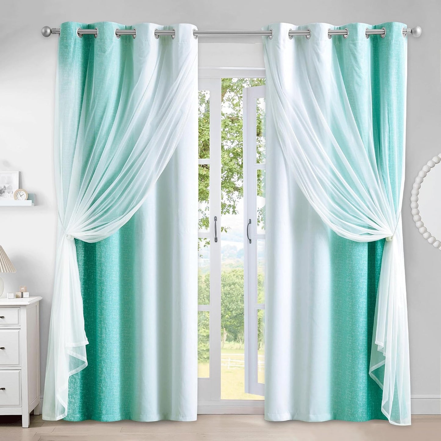100% Blackout Curtains with Sheer Overlay Mix and Match Double Layer Drapes 84 Inch Long 2 Panels for Room Bedroom Ombre Rainbow Grommet Window Treatment with Tiebacks