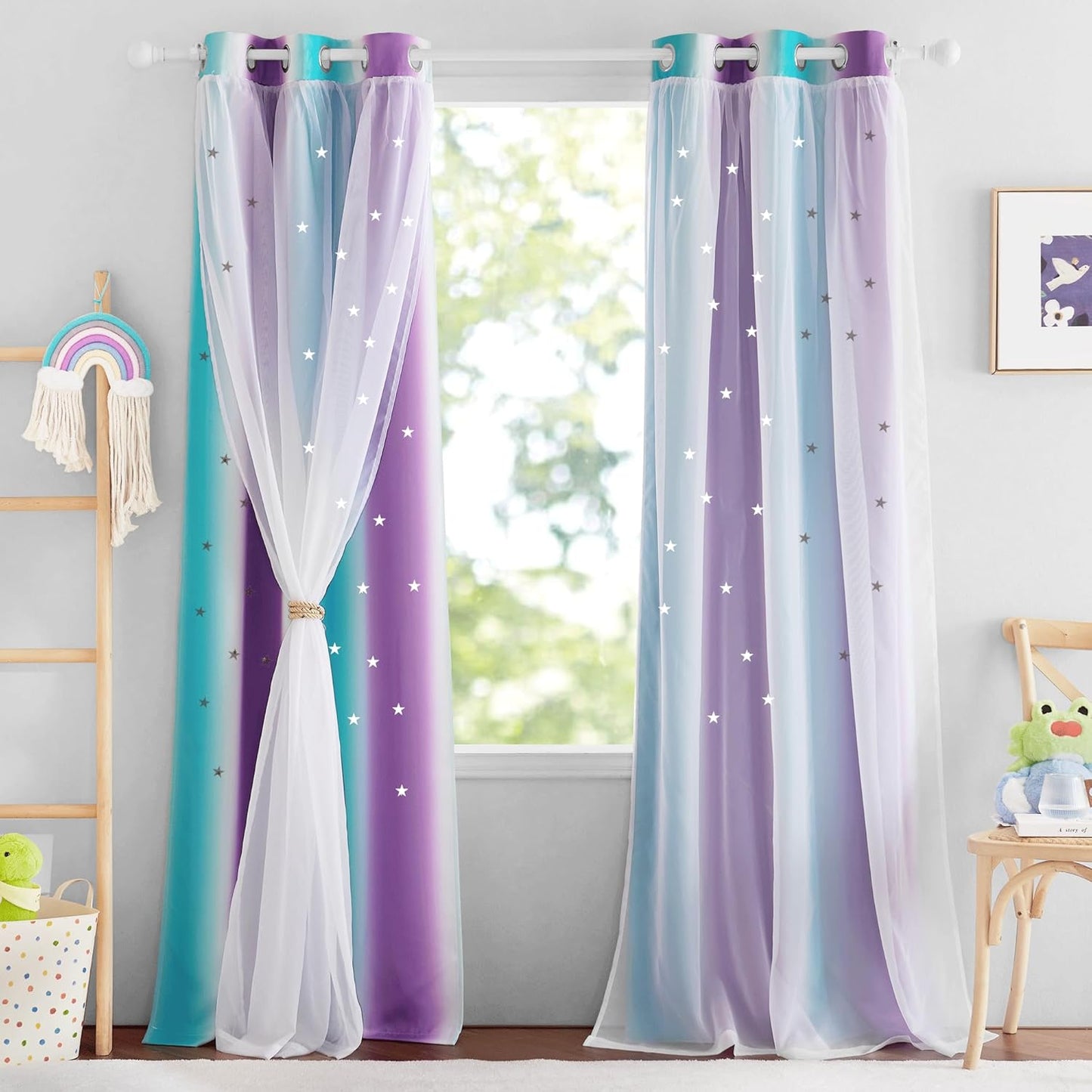 NICETOWN Rainbow Star Curtains for Girls Bedroom, Double Layer Colorful Stripes Kids Blackout Curtains Plus White Sheer Livingroom Window Curtains for School Classroom (Rainbow, W52 x L84, Sold by 2)