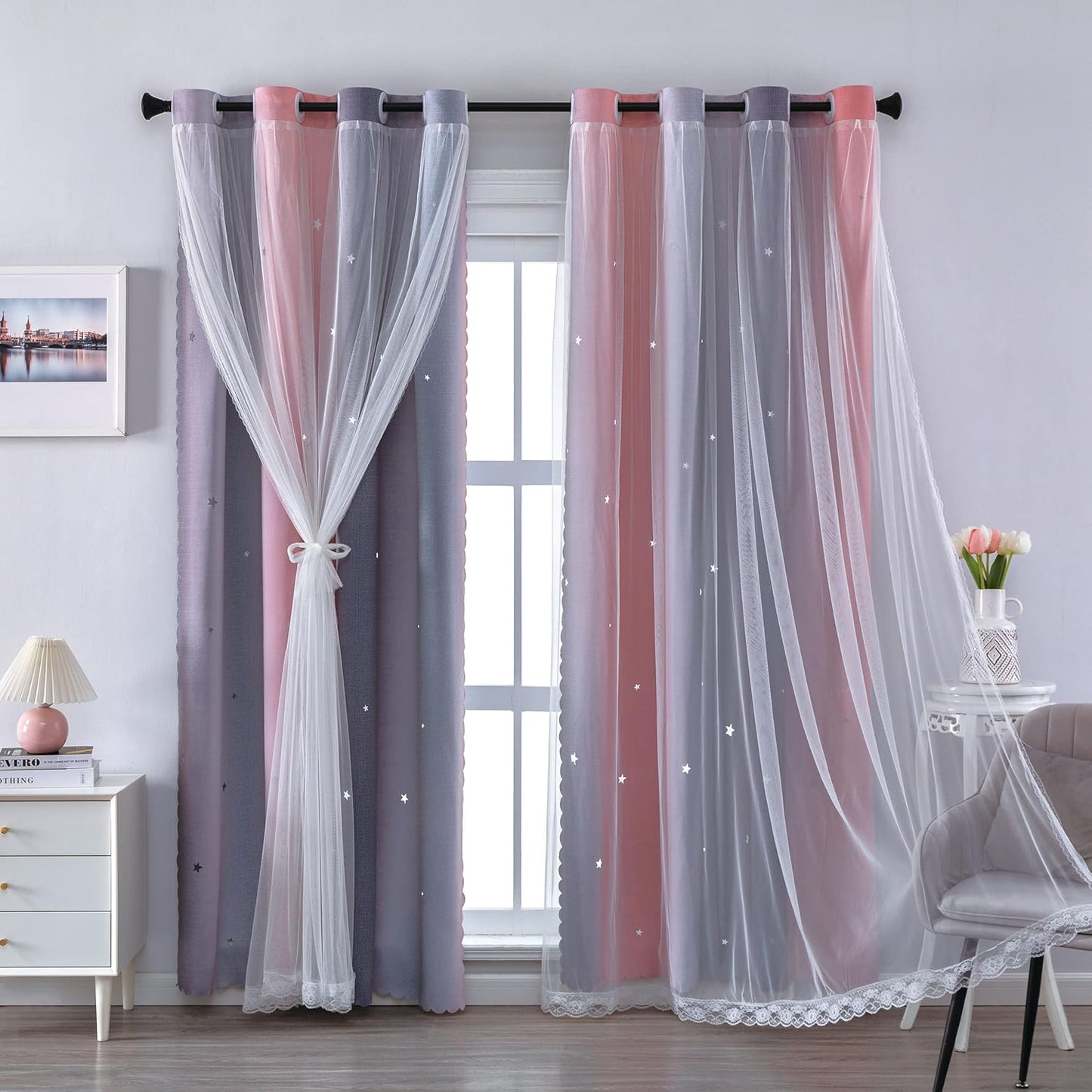 XiDi Pink and Purple Curtains 84 Inches Long for Girls Bedroom 2 Panels Blackout Rainbow Nursery Curtains for Kids Room Unicorn Princess Theme Home Decor Living Room Pink/Purple W52 X L84