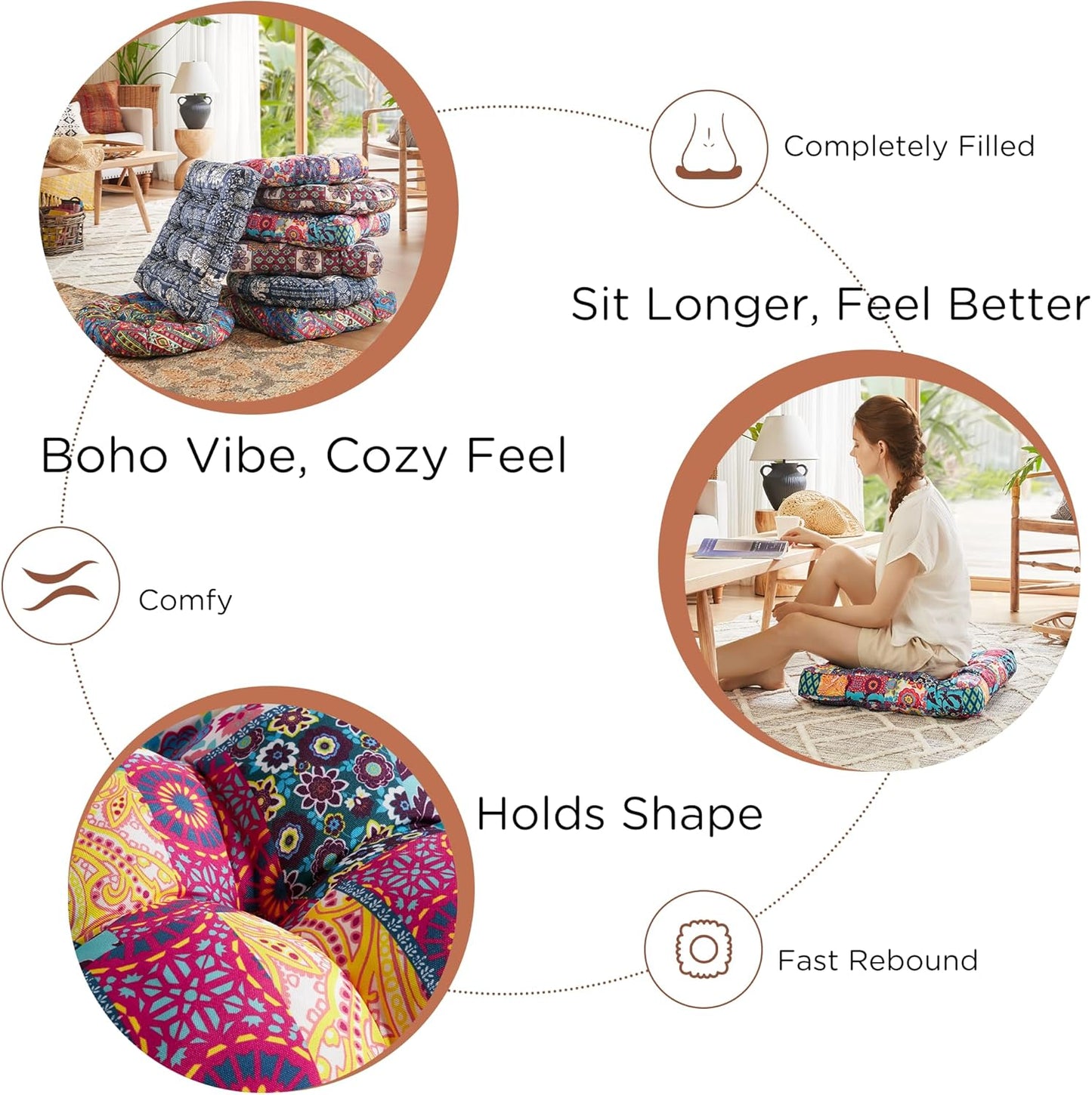 Codi Floor Cushions Seating for Adults and Kids Set of 2, Square Large Boho Pillows for Yoga Living Room Tatami Sitting Home Decor, Memory Foam Added, 22x22 Inch Multi Patchwork