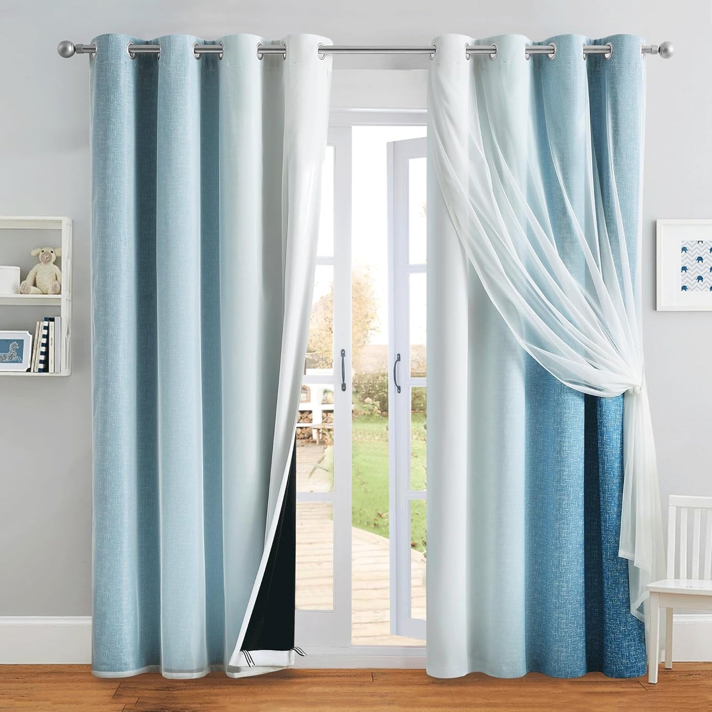 100% Blackout Curtains with Sheer Overlay Mix and Match Double Layer Drapes 84 Inch Long 2 Panels for Room Bedroom Ombre Rainbow Grommet Window Treatment with Tiebacks