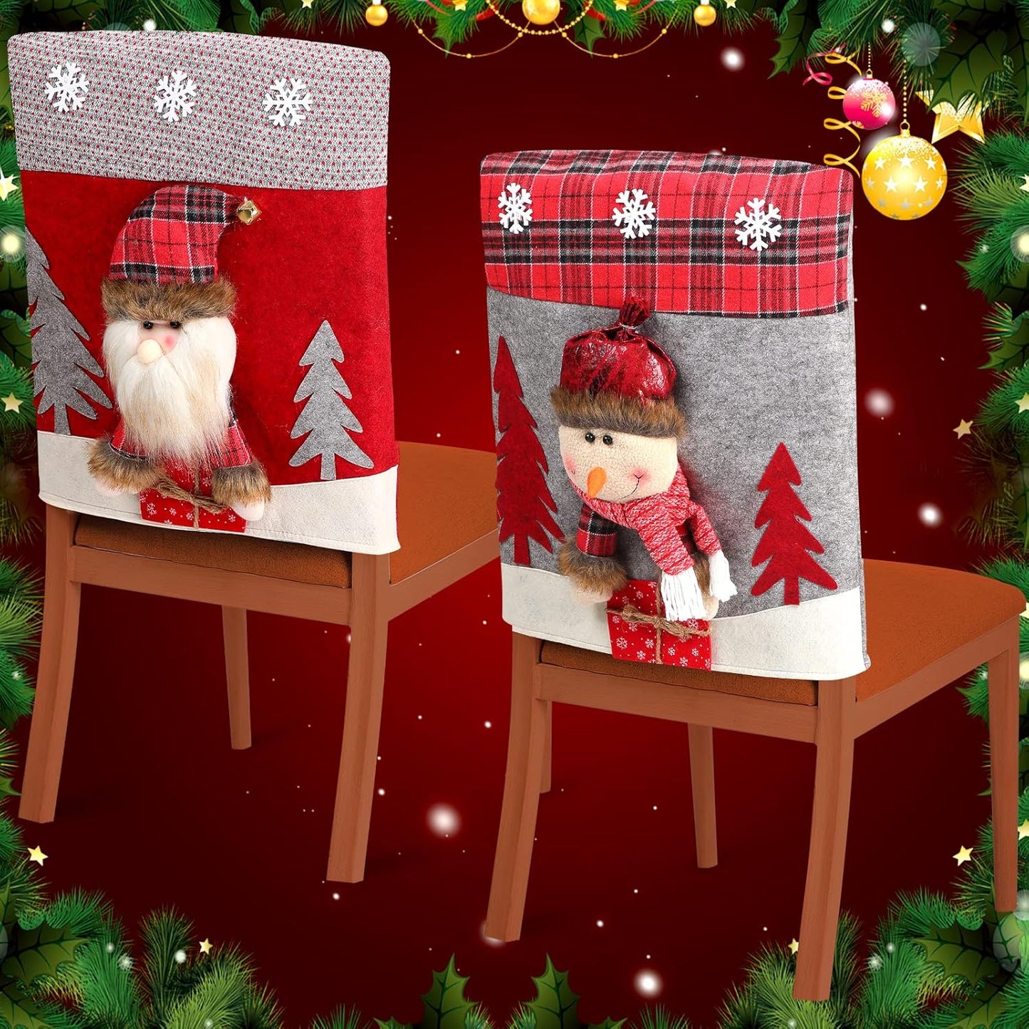 Christmas Chair Back Covers Dining Table Chair Slipcovers Christmas Plush Stuffed Santa Claus Snowman Reindeer Chair Covers Set for Holiday Decor, Christmas Party Banquet Home Decoration (Cute, 4 Pcs)