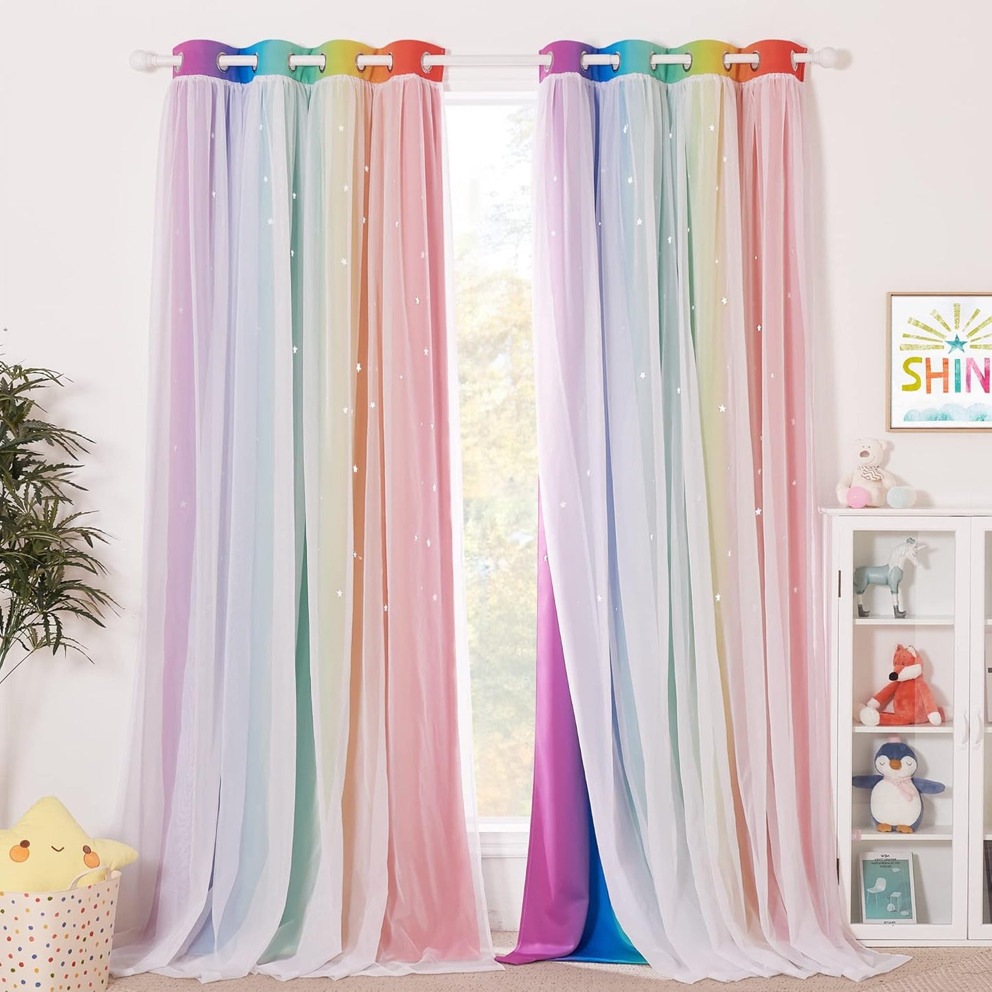 NICETOWN Rainbow Star Curtains for Girls Bedroom, Double Layer Colorful Stripes Kids Blackout Curtains Plus White Sheer Livingroom Window Curtains for School Classroom (Rainbow, W52 x L84, Sold by 2)
