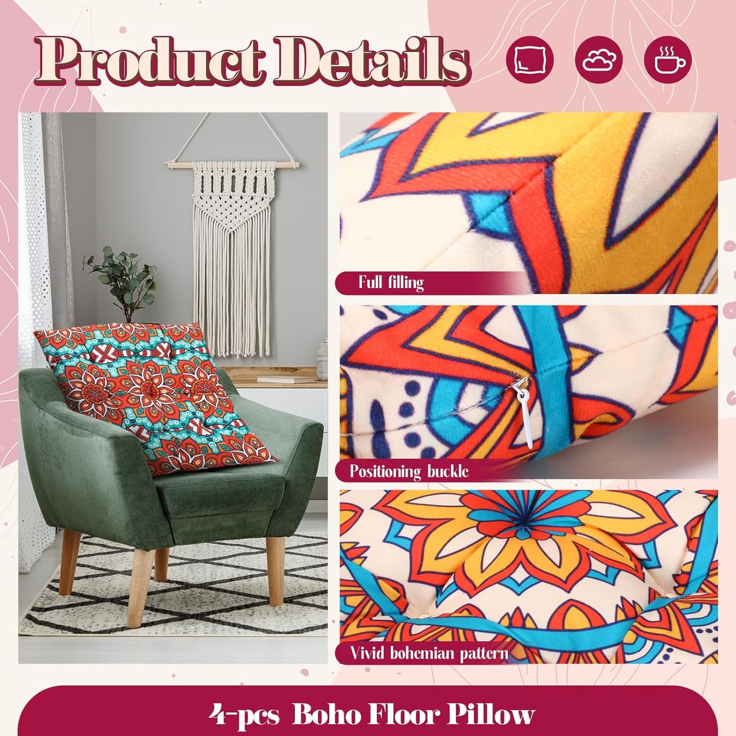 Nuogo 4 Pack Large 22 Inch Bohemian Floor Pillows Square Boho Floor Cushions Seating Pillows for Soft Yoga Meditation Pillow Mandala Pouf for Living Room Tatami Reading Nook(Exquisite)