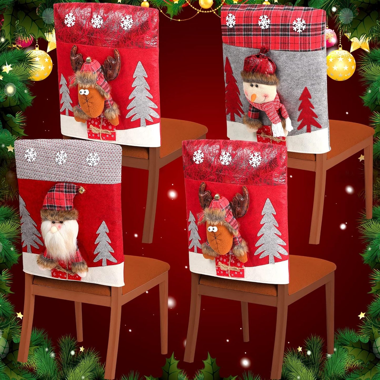 Christmas Chair Back Covers Dining Table Chair Slipcovers Christmas Plush Stuffed Santa Claus Snowman Reindeer Chair Covers Set for Holiday Decor, Christmas Party Banquet Home Decoration (Cute, 4 Pcs)