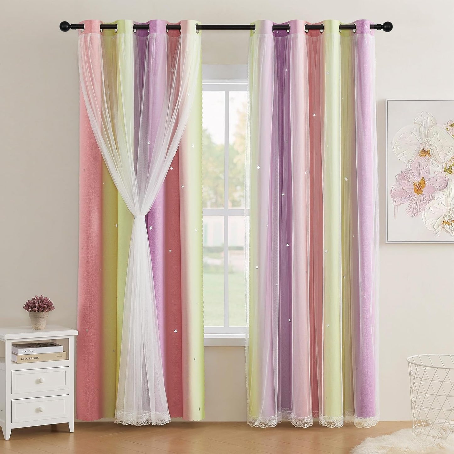 XiDi Pink and Purple Curtains 84 Inches Long for Girls Bedroom 2 Panels Blackout Rainbow Nursery Curtains for Kids Room Unicorn Princess Theme Home Decor Living Room Pink/Purple W52 X L84