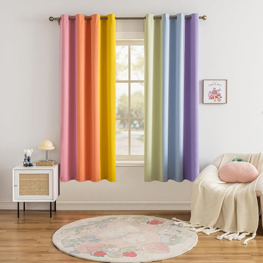Rainbow Curtains Made with a Patchwork of Pink, Orange, Yellow, Green, Blue, and Purple for Kids Bedroom Blackout Colored Curtains for Bedroom Classroom (2 Panels, W52 X L63)