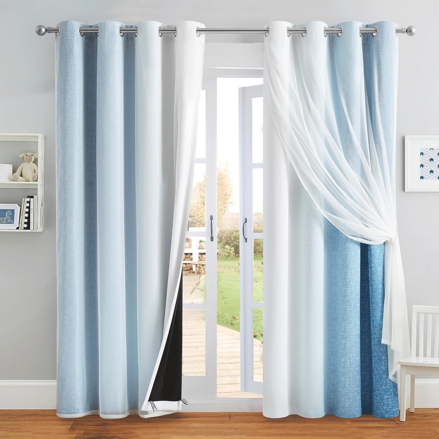 100% Blackout Curtains with Sheer Overlay Mix and Match Double Layer Drapes 84 Inch Long 2 Panels for Room Bedroom Ombre Rainbow Grommet Window Treatment with Tiebacks