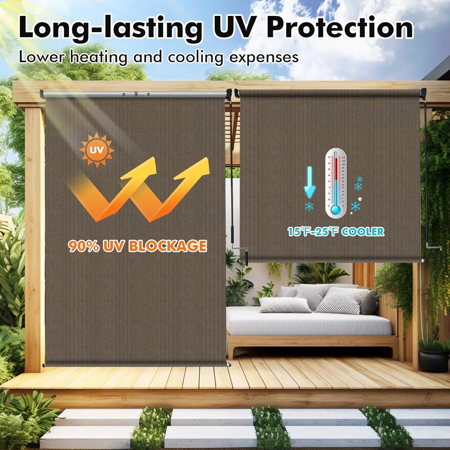 Artpuch Outdoor Roller Shade 8' W x 8' H, Mocha Exterior Cordless Patio Shades Roll Up Blinds with Spliced Pole Design, (2 Poles, One-Piece Fabric)