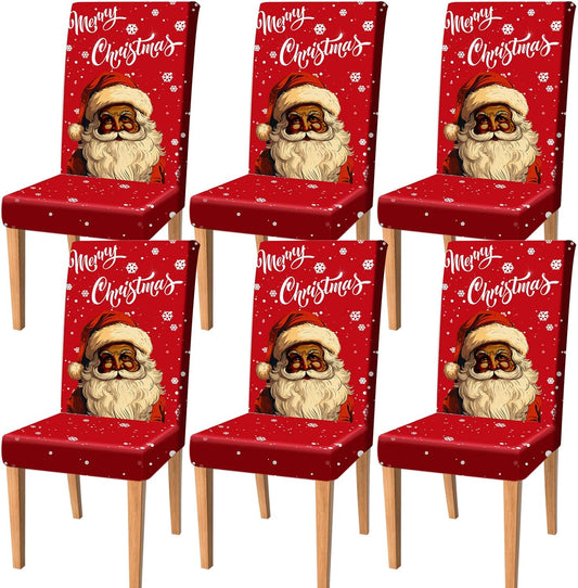Moukeren 6 Pcs Christmas Dinning Chair Covers African American Merry Christmas Chair Slipcovers Protector Black Santa Stretch Washable Removable Cover for Kitchen Dining Room Living Room Decor