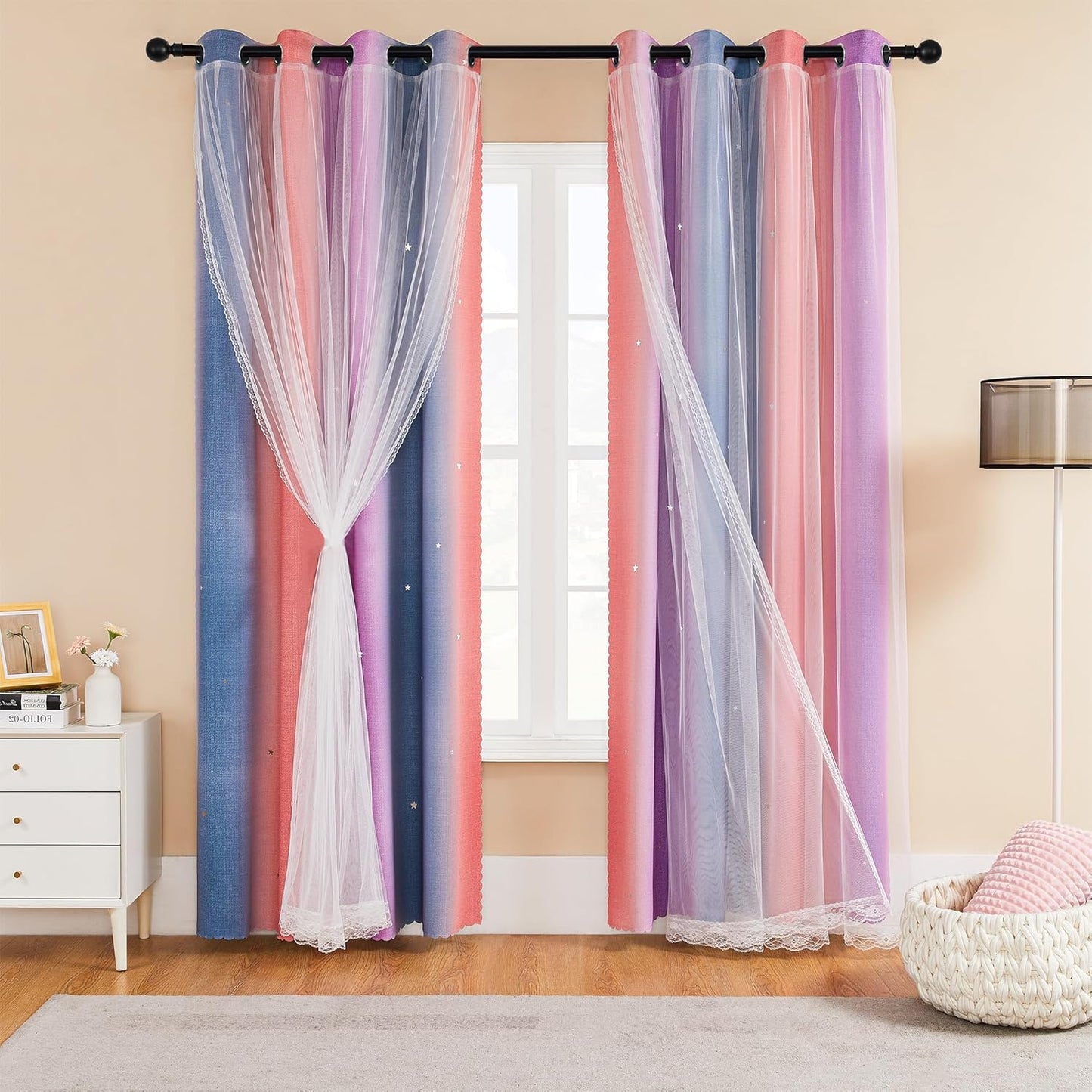 XiDi Pink and Purple Curtains 84 Inches Long for Girls Bedroom 2 Panels Blackout Rainbow Nursery Curtains for Kids Room Unicorn Princess Theme Home Decor Living Room Pink/Purple W52 X L84