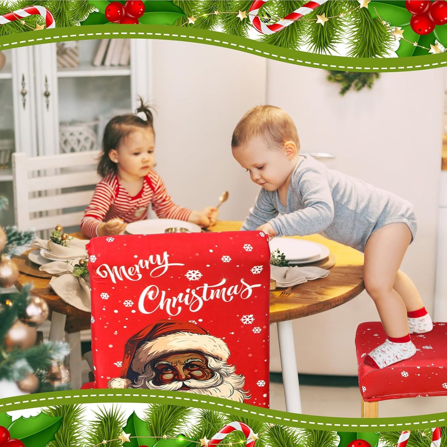 Moukeren 6 Pcs Christmas Dinning Chair Covers African American Merry Christmas Chair Slipcovers Protector Black Santa Stretch Washable Removable Cover for Kitchen Dining Room Living Room Decor