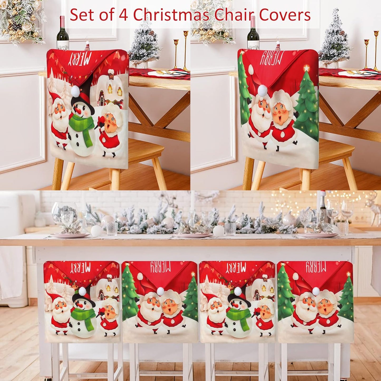 Christmas Chair Covers Set of 4 Merry Christmas Dining Room Chair Back Covers Santa Claus Snowman Xmas Chair Protector Slipcovers for Christmas Holiday Home Kitchen Decor