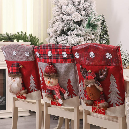 Christmas Chair Back Covers Set of 6, 3D Cute Santa Claus Snowman Reindeer Xmas Dinner Chair Covers Christmas Dining Chair Slipcovers for Home Kitchen Holiday Festive Party Decorations