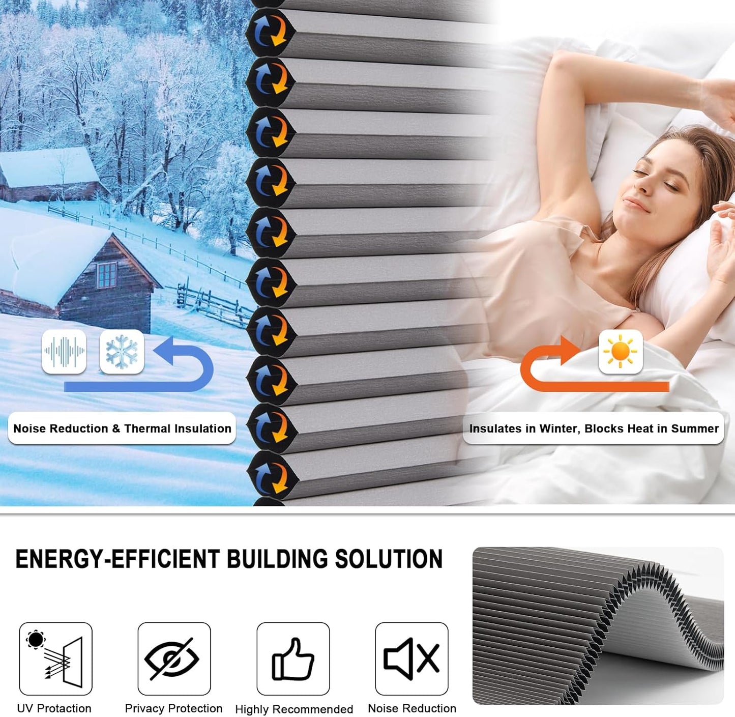No Drill Cellular Shades for Indoor Windows, Thermal Insulating & Noise Reducing Honeycomb Blinds, Free Stop Cordless Blackout Shades, Grey, 22" W x 64" H