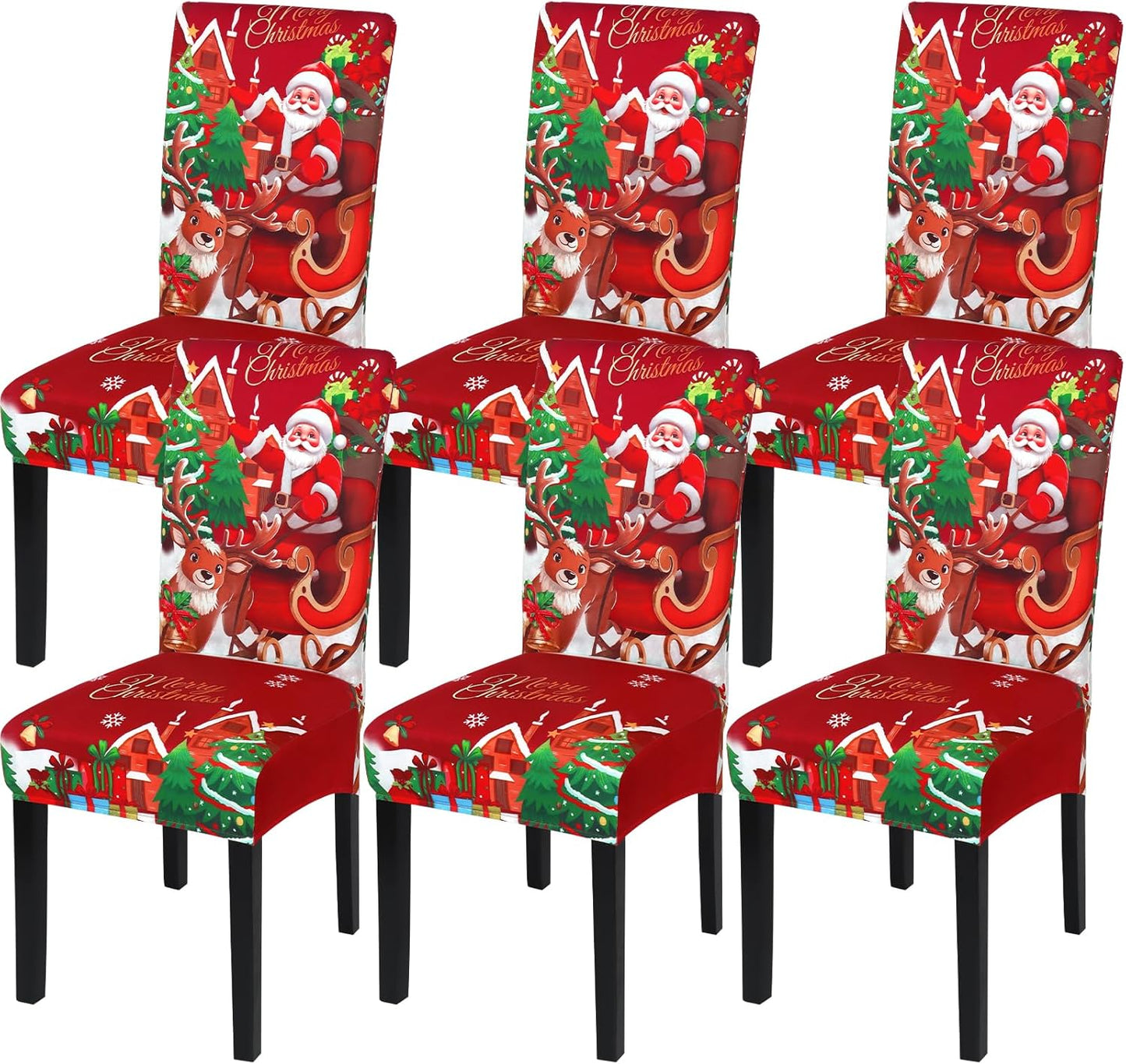 Weldomcor Christmas Chair Covers Set of 6 Stretch Dining Room Chair Protector Slipcovers Santa Claus Deer Red Kitchen Seat Covers Spandex Decorations for Xmas Holiday Party Banquet Home Decor