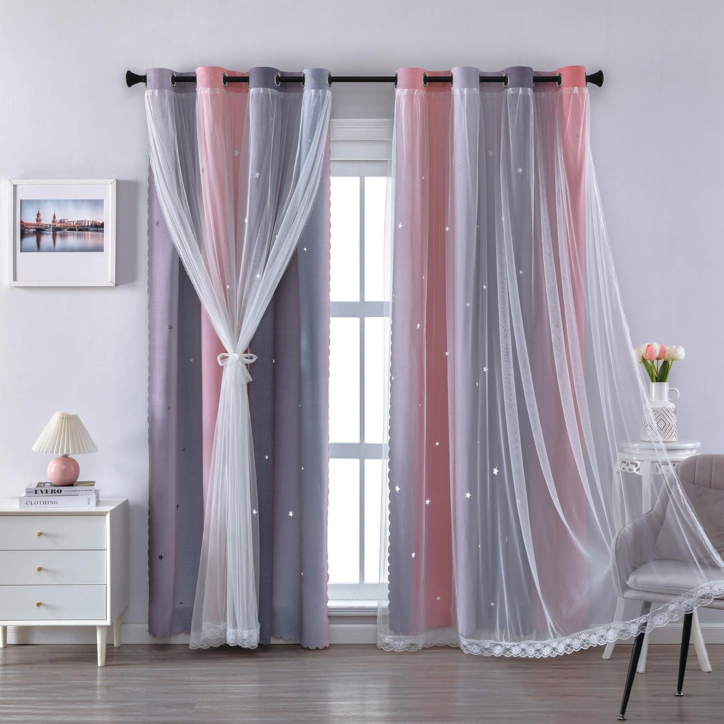 XiDi Pink and Purple Curtains 84 Inches Long for Girls Bedroom 2 Panels Blackout Rainbow Nursery Curtains for Kids Room Unicorn Princess Theme Home Decor Living Room Pink/Purple W52 X L84