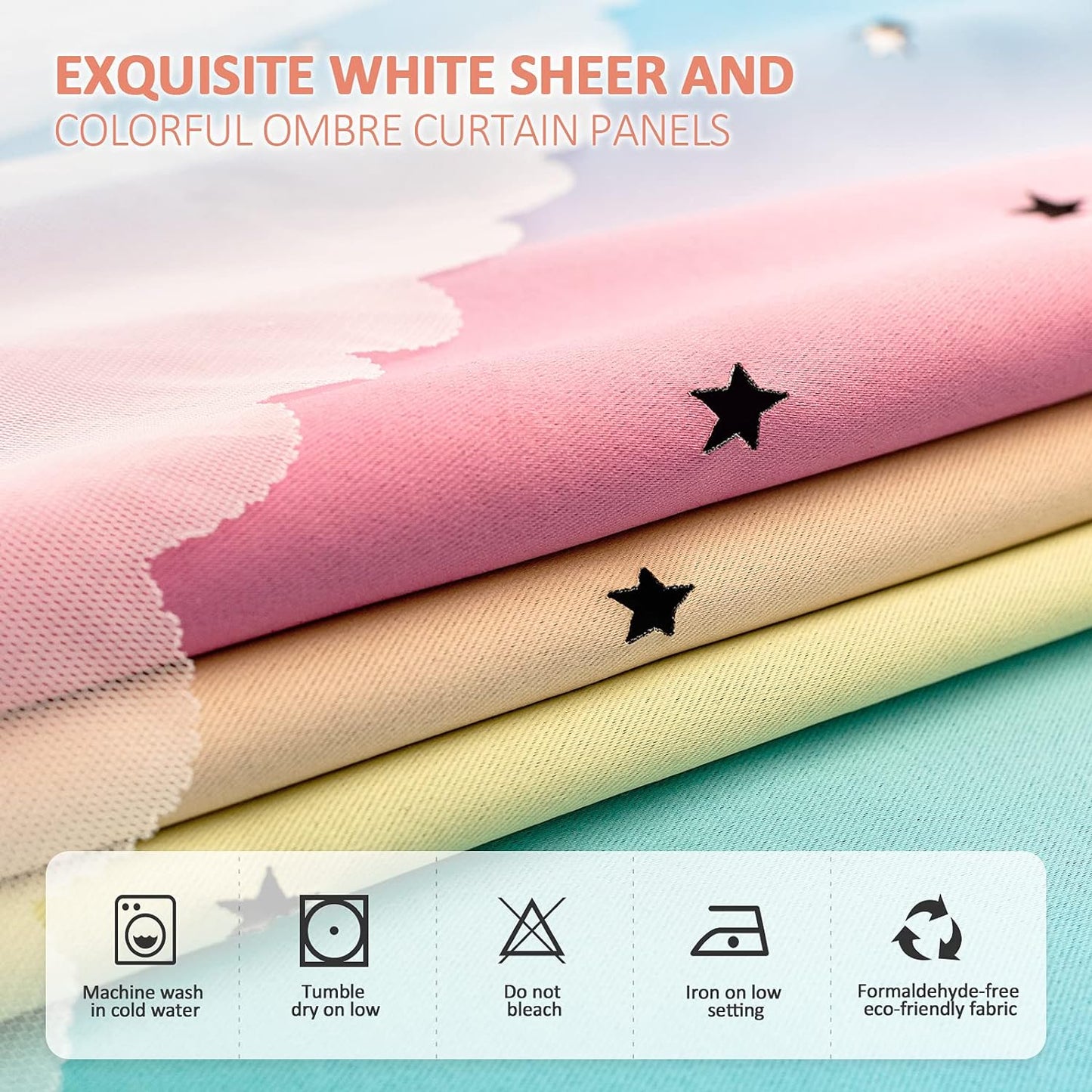 Stiio Kids Blackout Curtains 2 Panels, Star Cutout Ombre Stripe Rainbow Curtains Light Blocking Window Treatment for Girls Bedroom Home Decor, W52 x L63 inches