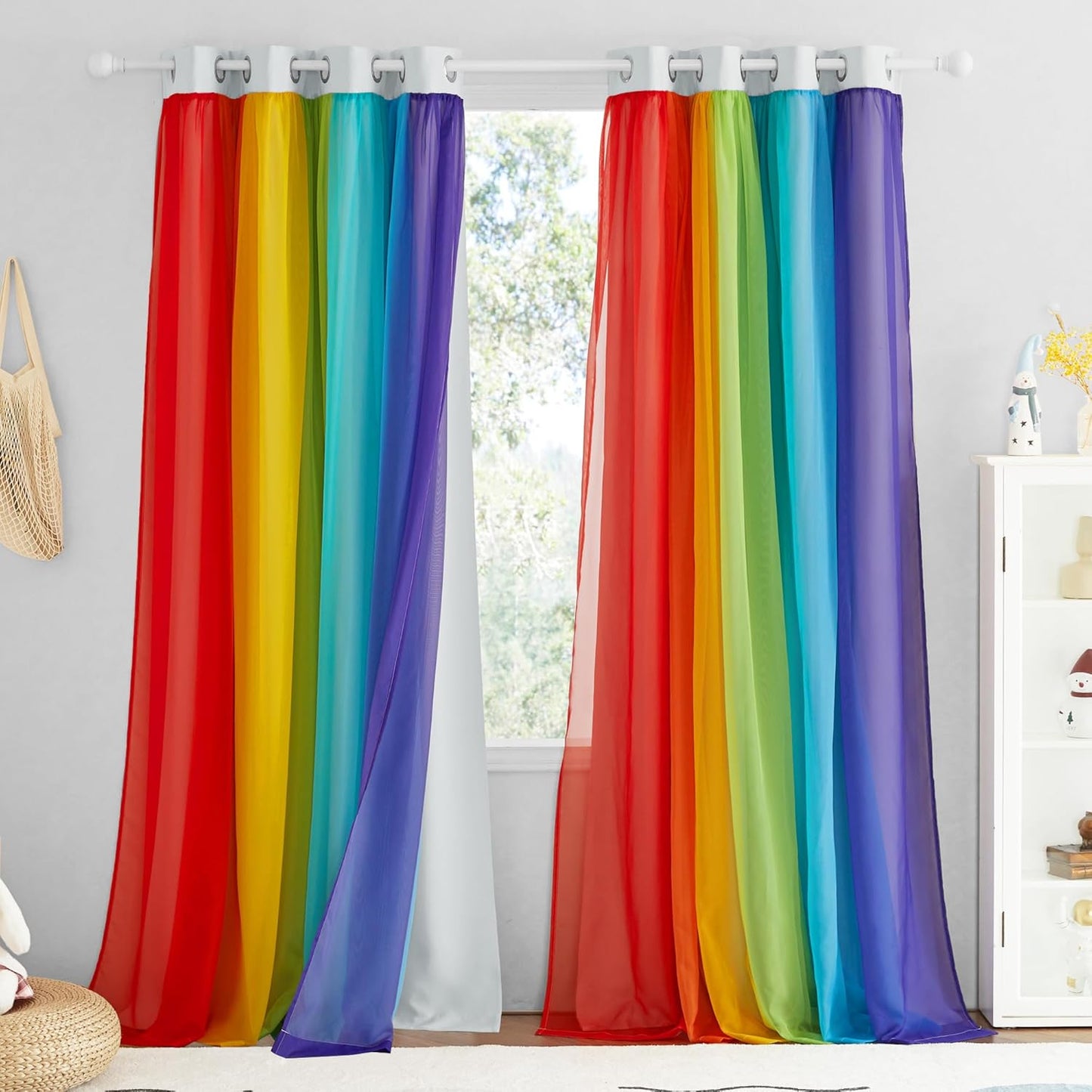 NICETOWN Rainbow Star Curtains for Girls Bedroom, Double Layer Colorful Stripes Kids Blackout Curtains Plus White Sheer Livingroom Window Curtains for School Classroom (Rainbow, W52 x L84, Sold by 2)