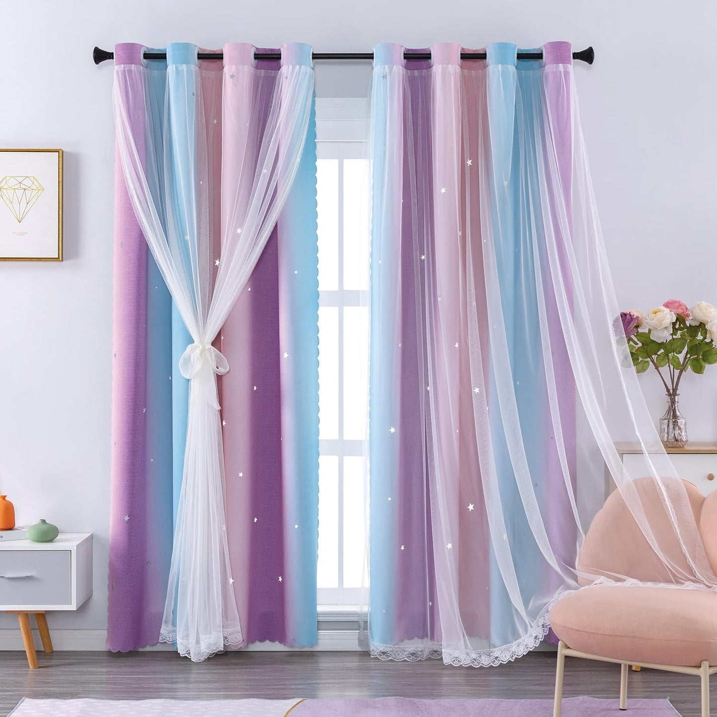 XiDi Pink and Purple Curtains 84 Inches Long for Girls Bedroom 2 Panels Blackout Rainbow Nursery Curtains for Kids Room Unicorn Princess Theme Home Decor Living Room Pink/Purple W52 X L84