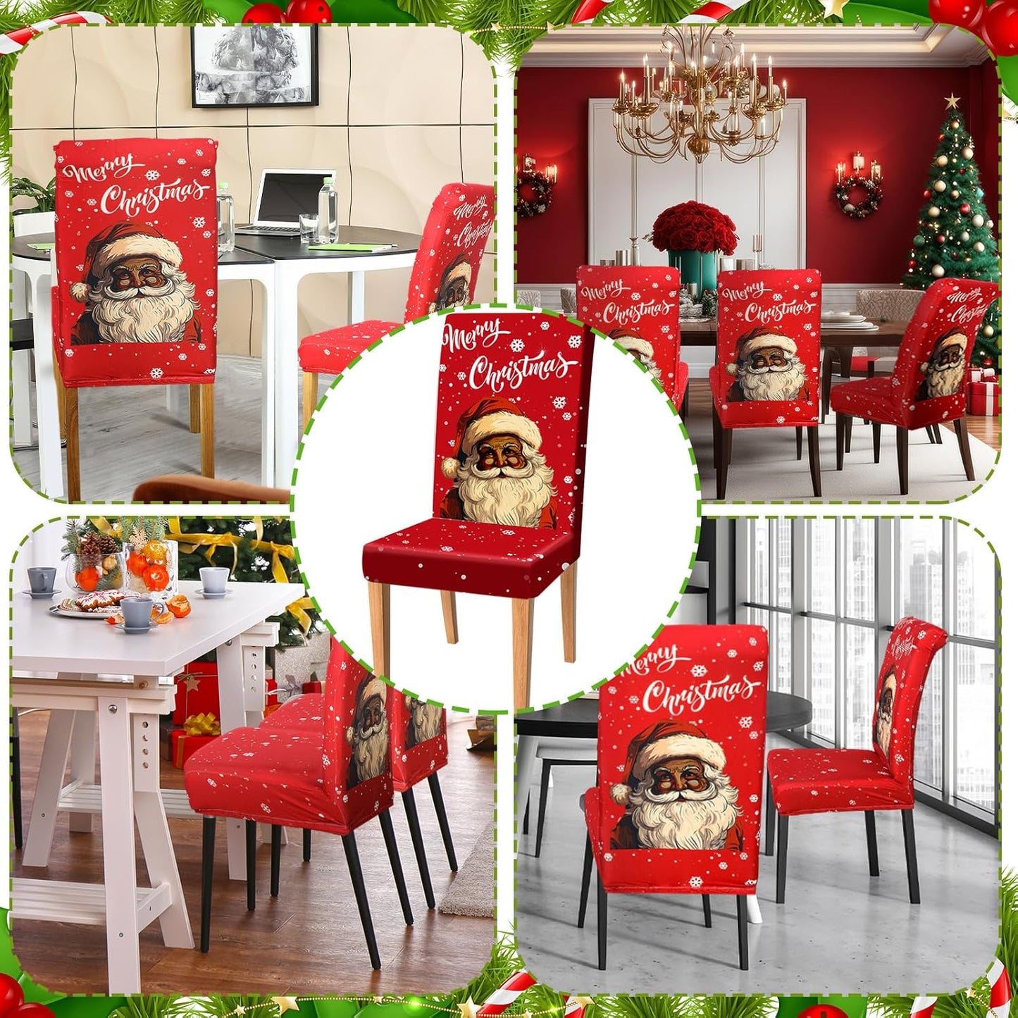 Moukeren 6 Pcs Christmas Dinning Chair Covers African American Merry Christmas Chair Slipcovers Protector Black Santa Stretch Washable Removable Cover for Kitchen Dining Room Living Room Decor
