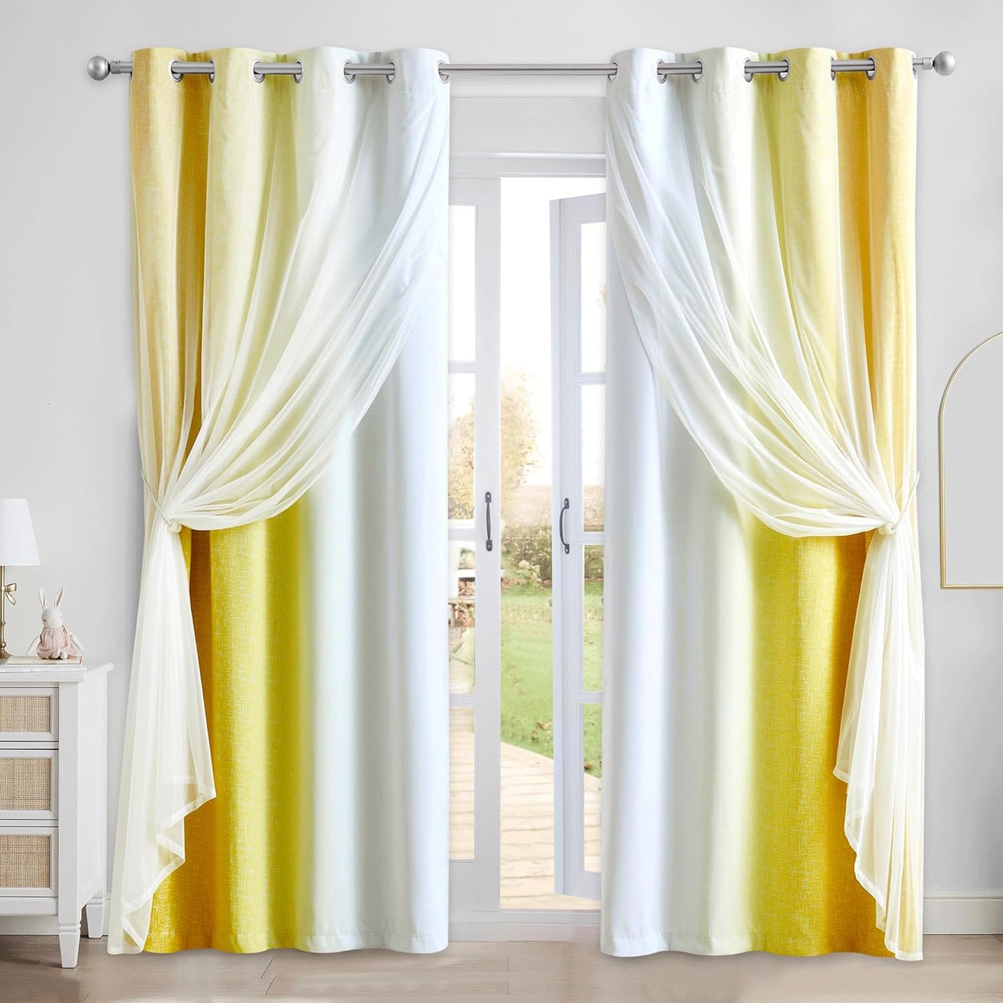 100% Blackout Curtains with Sheer Overlay Mix and Match Double Layer Drapes 84 Inch Long 2 Panels for Room Bedroom Ombre Rainbow Grommet Window Treatment with Tiebacks