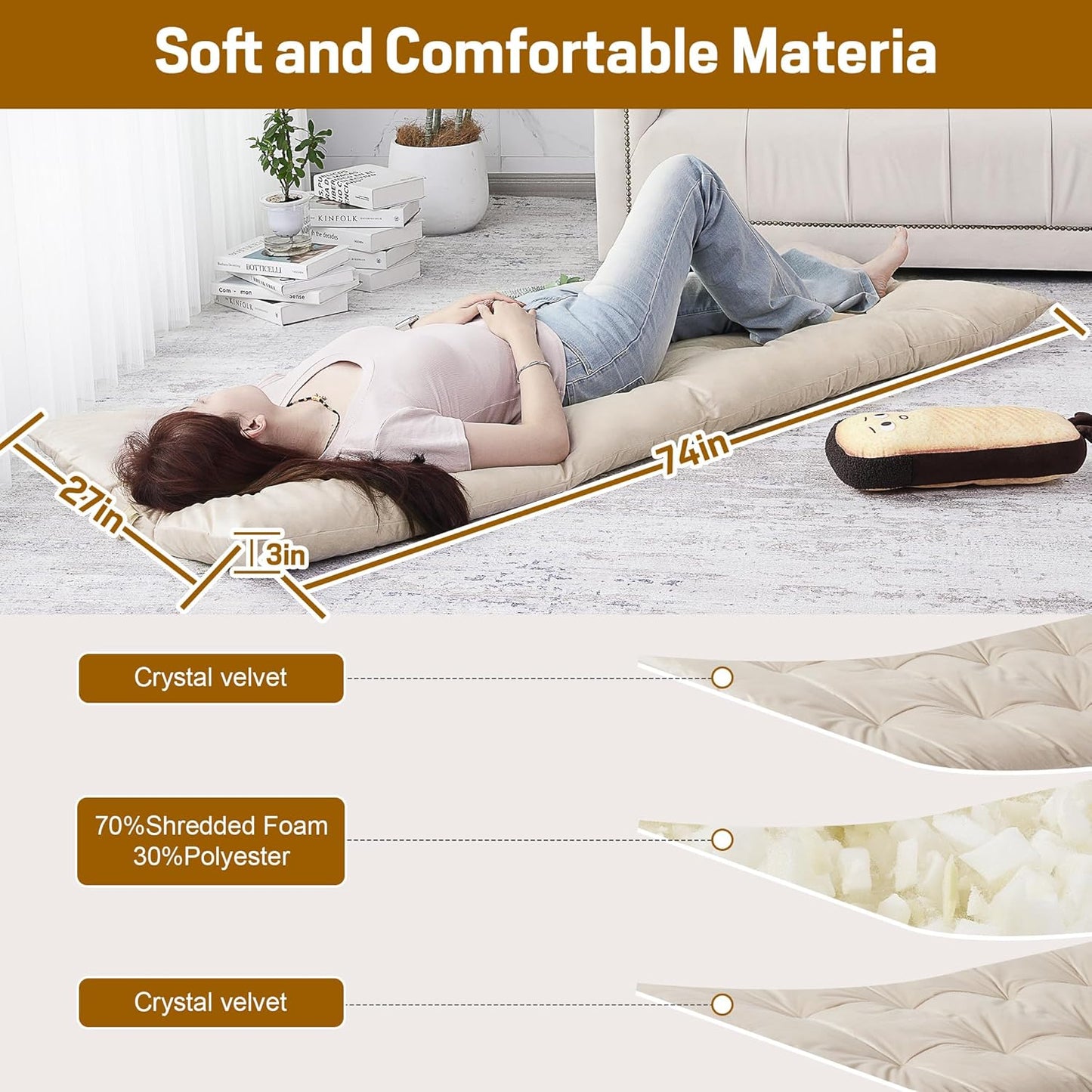 BALAPET Floor Lounger Pillow,Foldable Light Thick Tufted Floor Pillow Cushion with Elasticized Webbing for Easy Storage.Floor Lounger for Meditation,Playing,Yoga,Reading,Sleeping(Beige White)