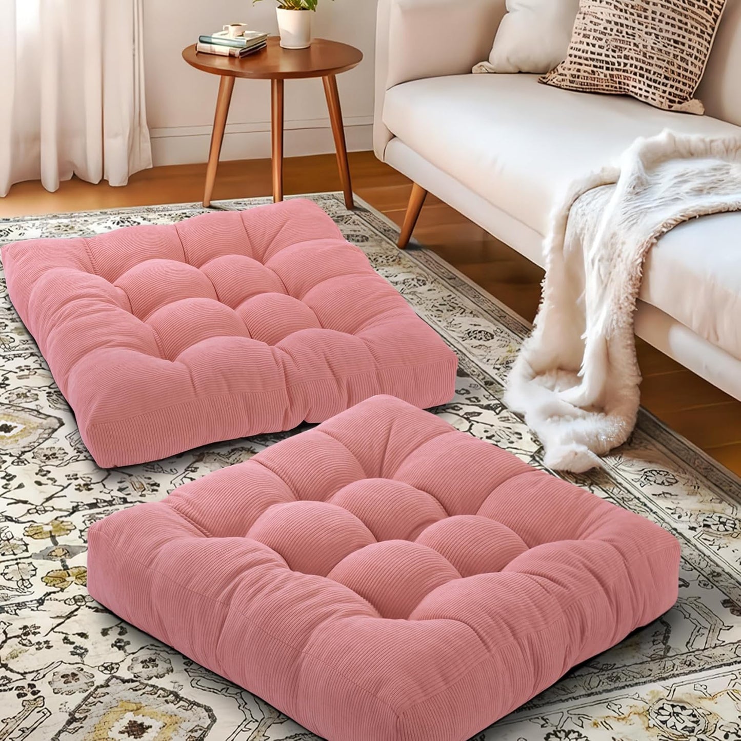 Floor Pillow Cushions for Adults Sitting Large Big Pillows for Floor Seating Square Memory Foam Thick Tufted, 22 x 22 Inch, Set of 2, Dark Grey