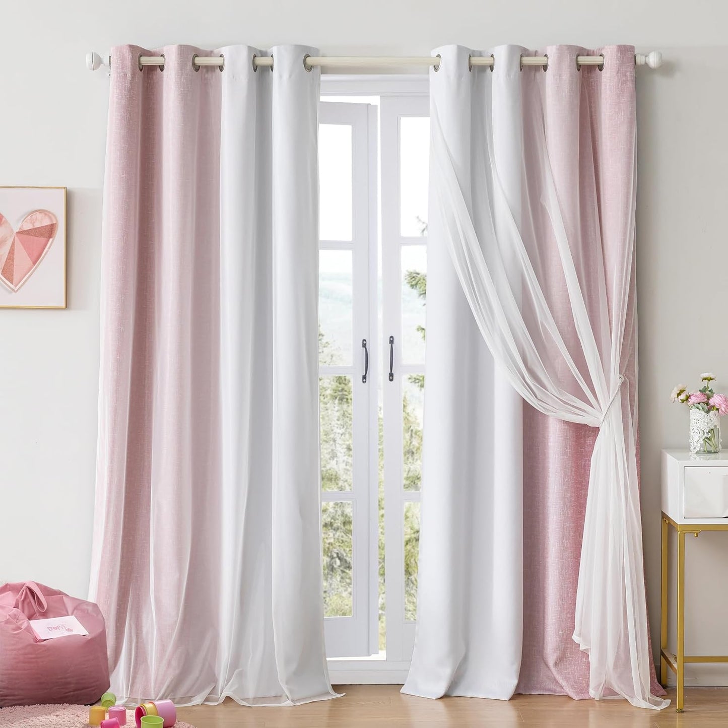100% Blackout Curtains with Sheer Overlay Mix and Match Double Layer Drapes 84 Inch Long 2 Panels for Room Bedroom Ombre Rainbow Grommet Window Treatment with Tiebacks