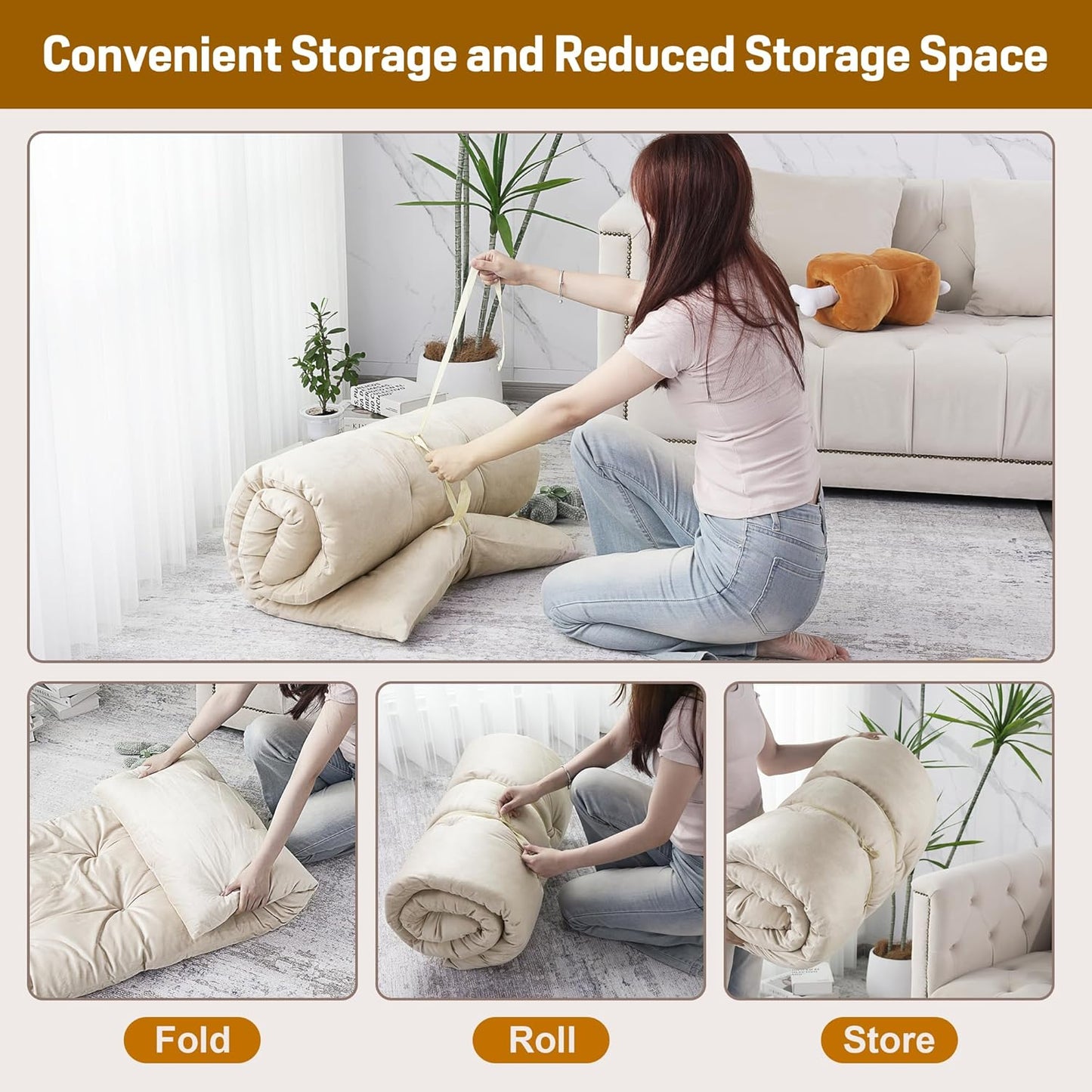 BALAPET Floor Lounger Pillow,Foldable Light Thick Tufted Floor Pillow Cushion with Elasticized Webbing for Easy Storage.Floor Lounger for Meditation,Playing,Yoga,Reading,Sleeping(Beige White)